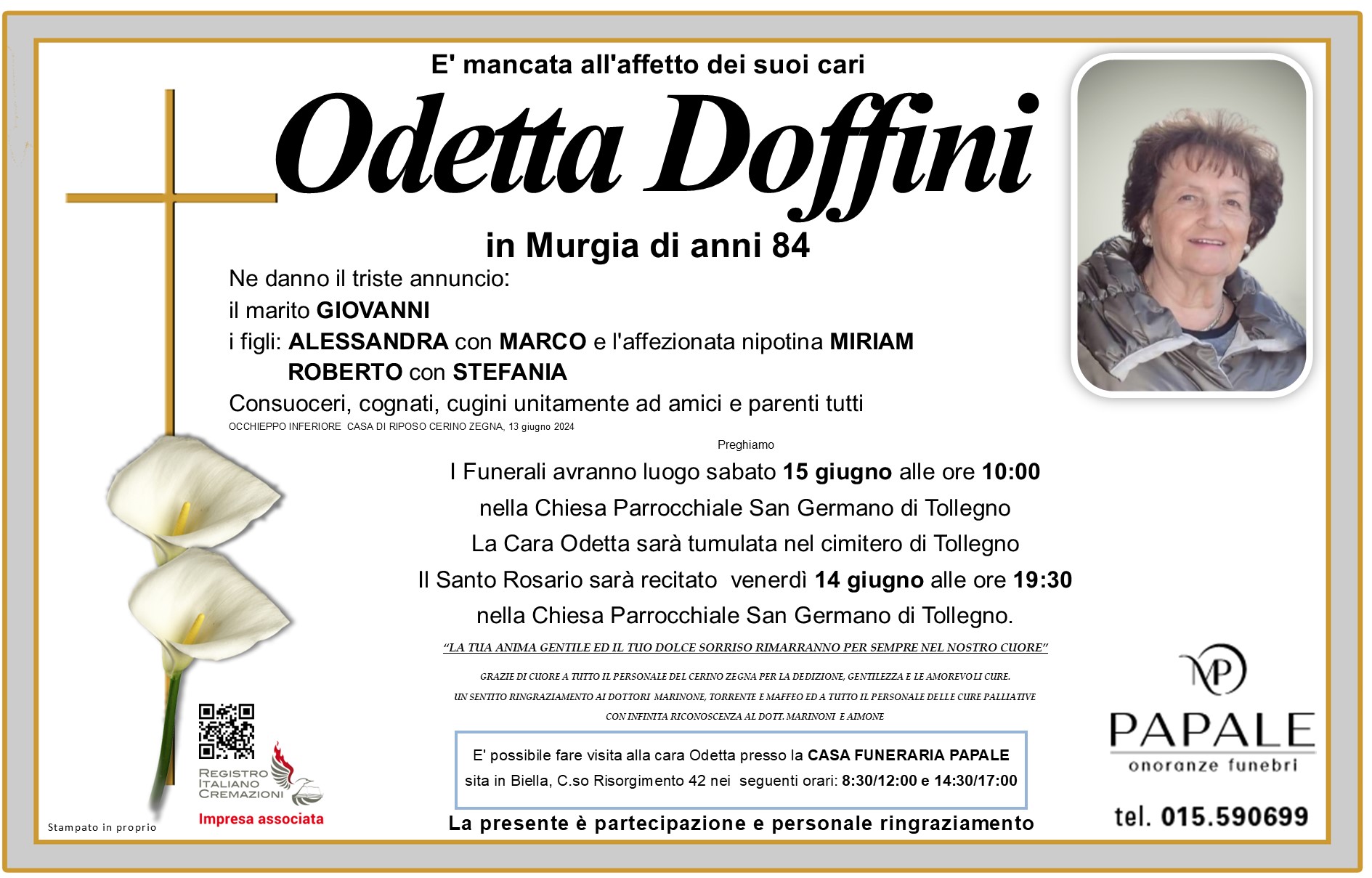 Onoranze Funebri Papale - Necrologi - Necrologio di Odetta Doffini