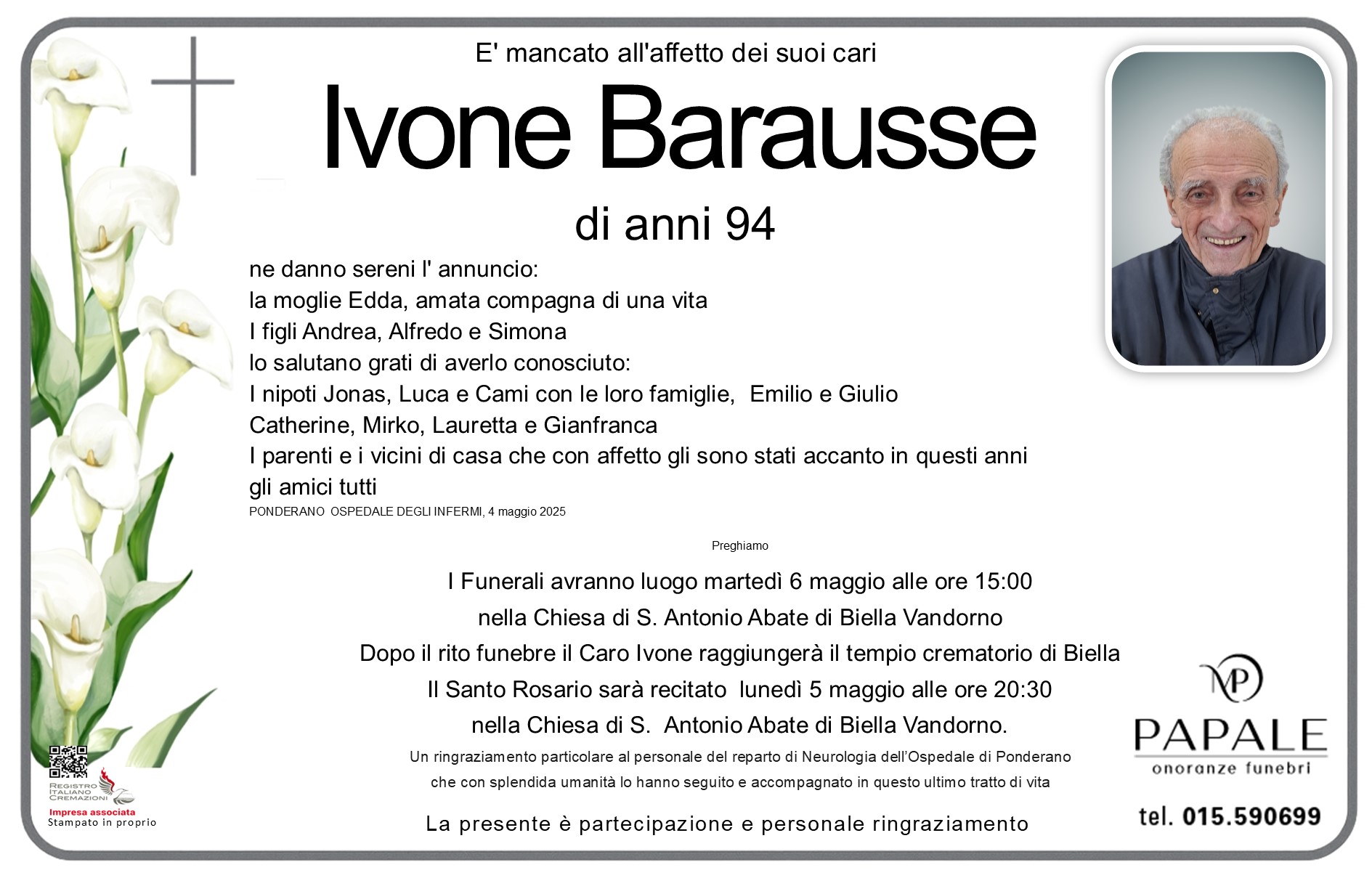Onoranze Funebri Papale - Necrologi - Necrologio di Ivone Barausse