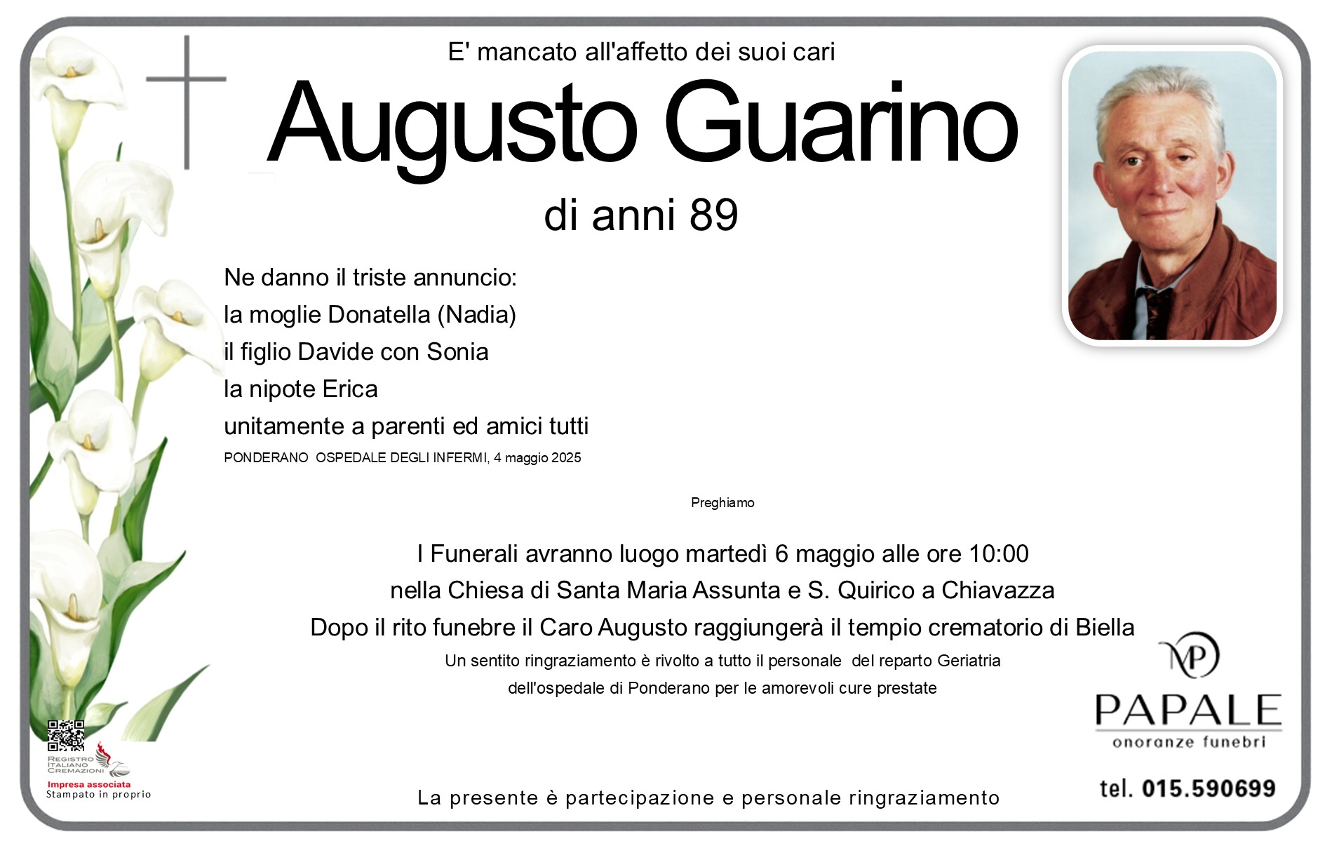 Onoranze Funebri Papale - Necrologi - Necrologio di Augusto Guarino