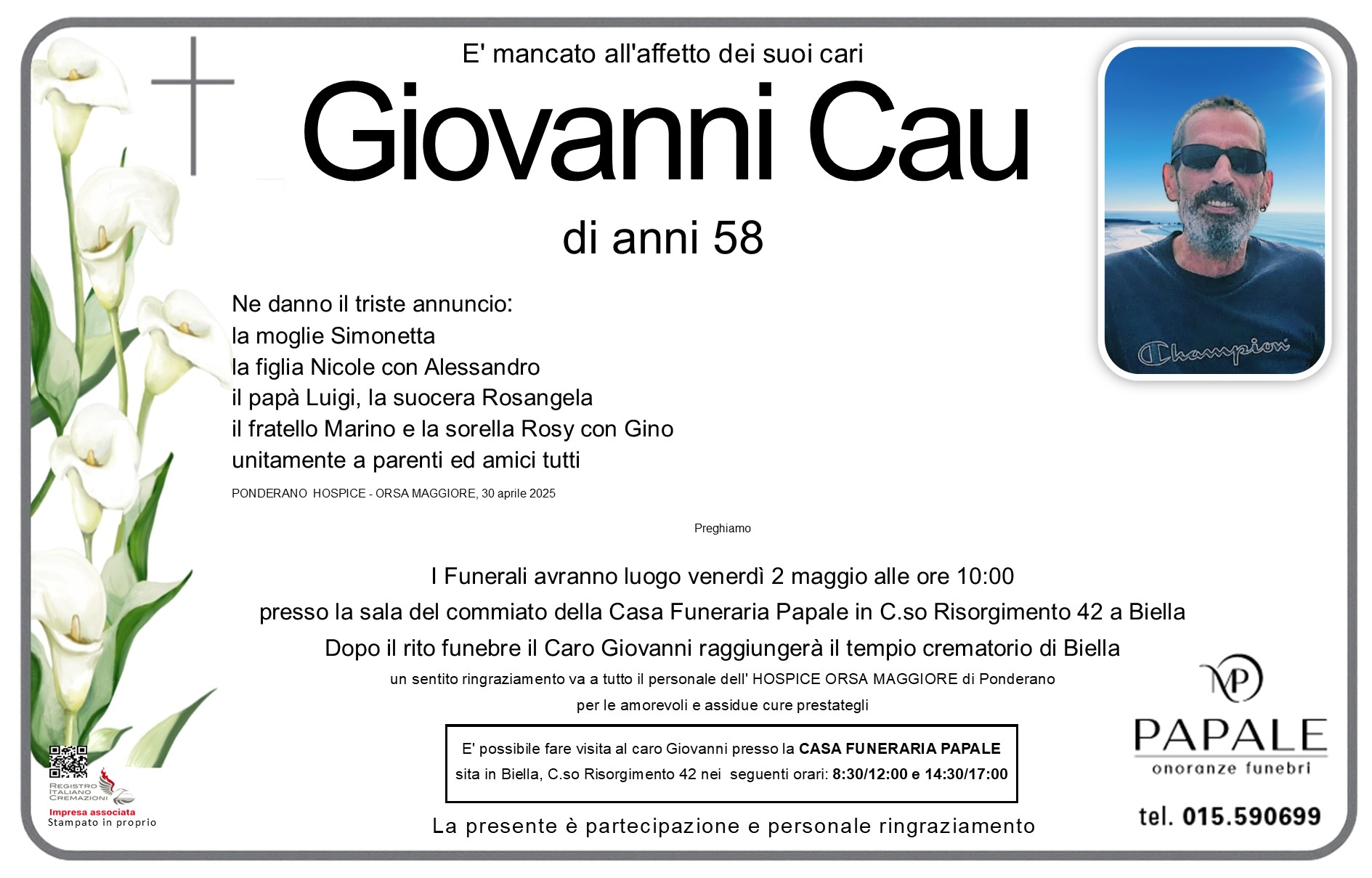 Onoranze Funebri Papale - Necrologi - Necrologio di Giovanni Cau