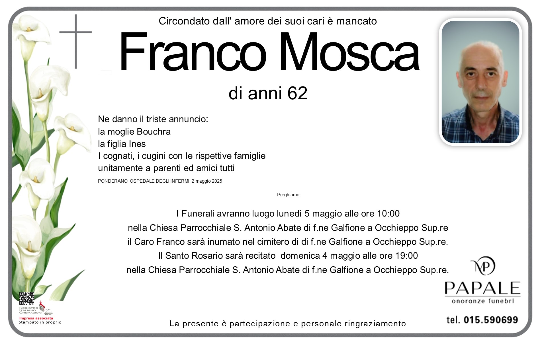 Onoranze Funebri Papale - Necrologi - Necrologio di Franco Mosca