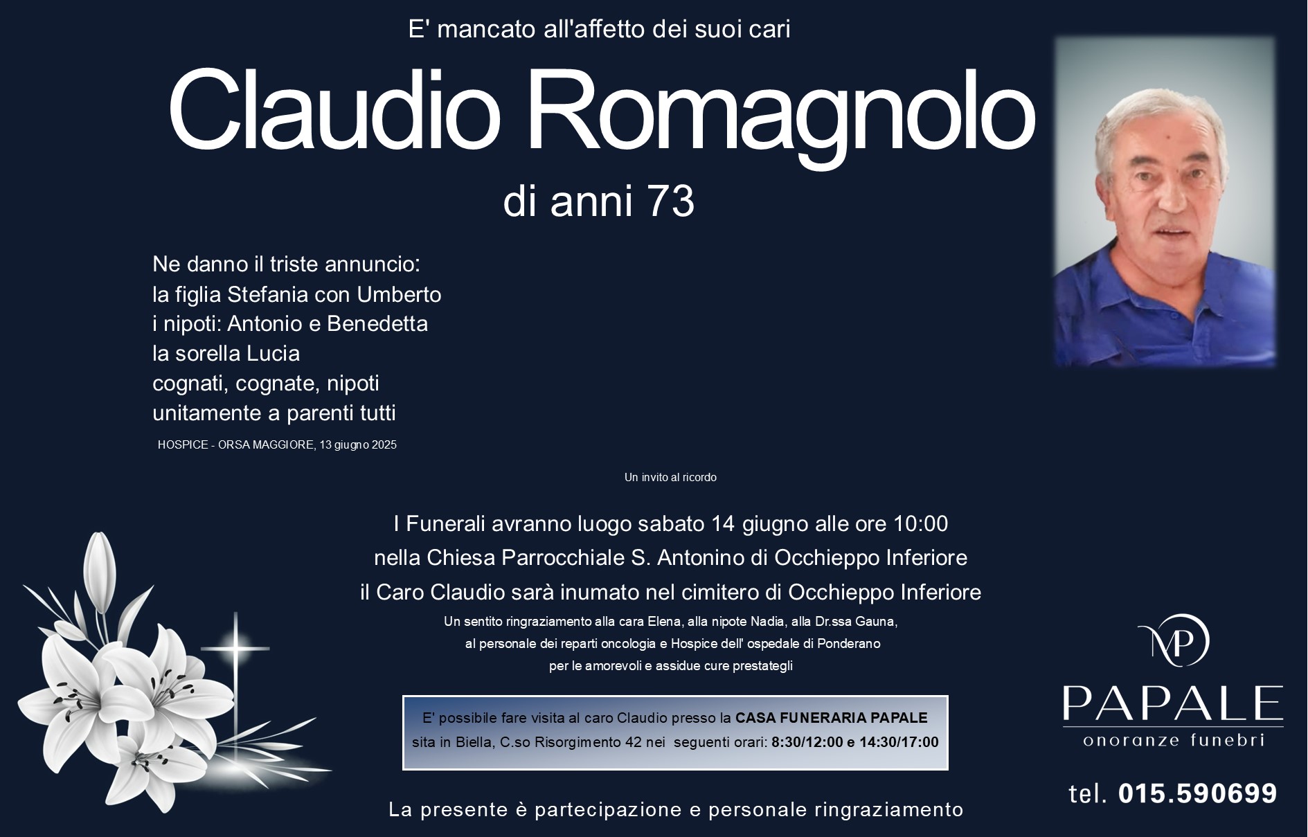 Onoranze Funebri Papale - Necrologi - Necrologio di Claudio Romagnolo