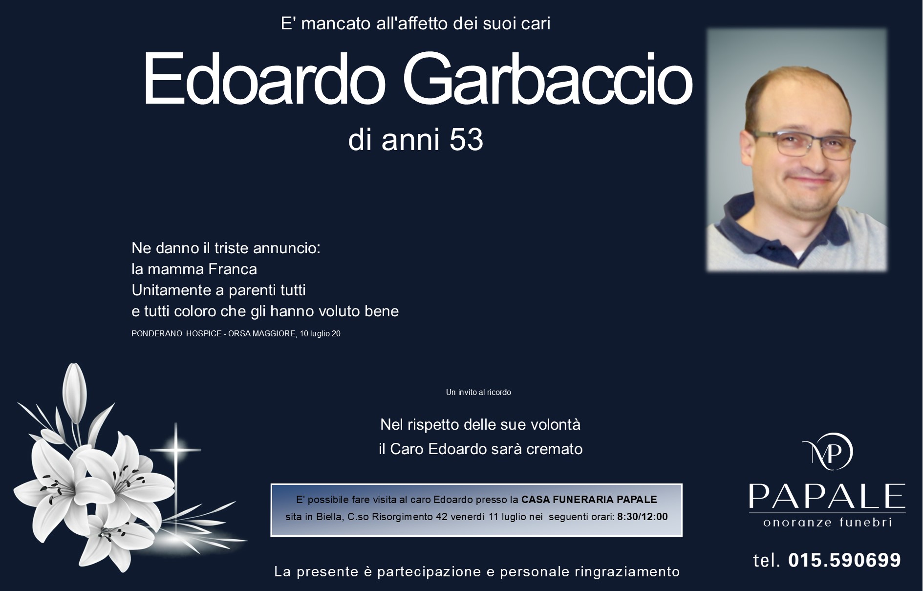 Onoranze Funebri Papale - Necrologi - Necrologio di Edoardo Garbaccio