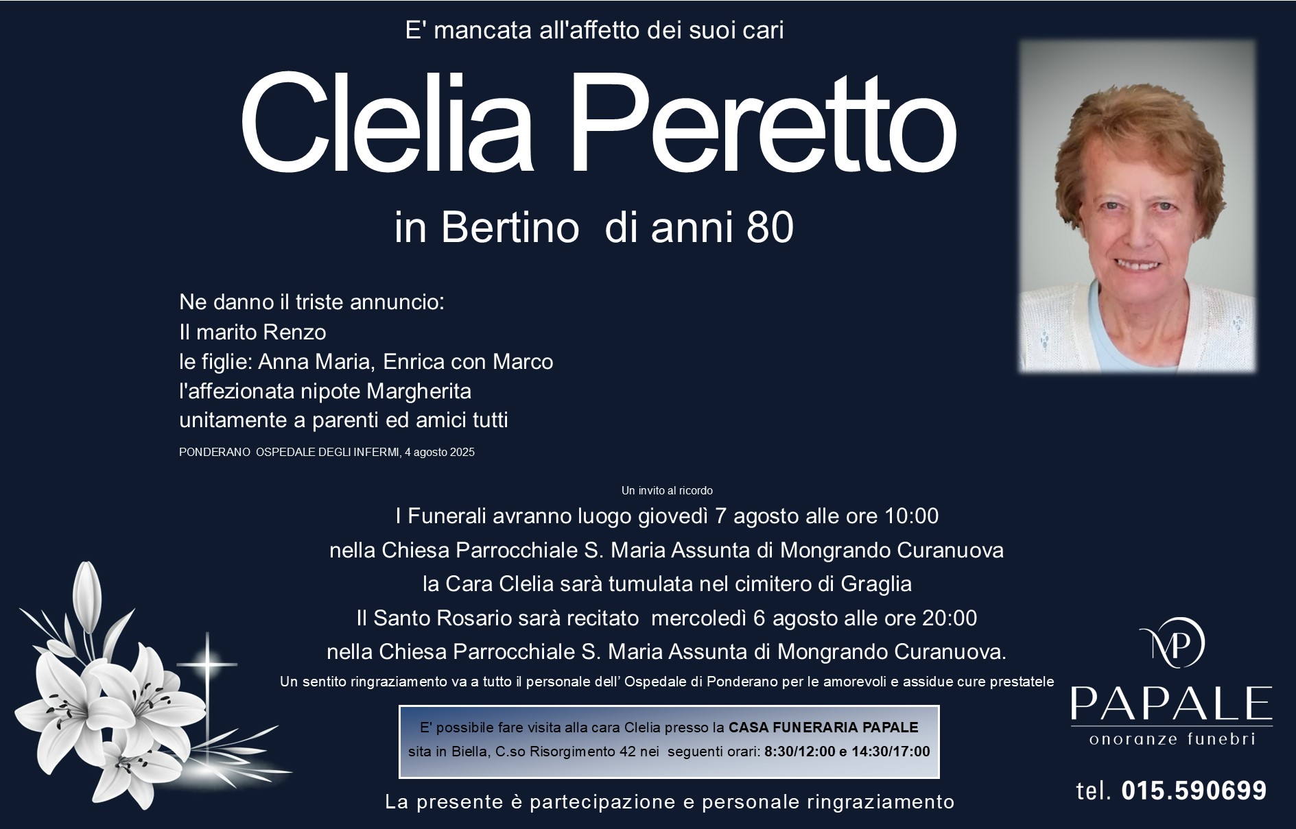 Onoranze Funebri Papale - Necrologi - Necrologio di Clelia Peretto
