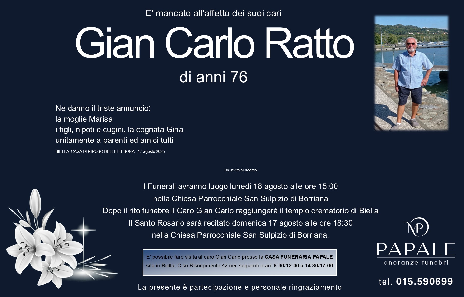 Onoranze Funebri Papale - Necrologi - Necrologio di Gian Carlo Ratto