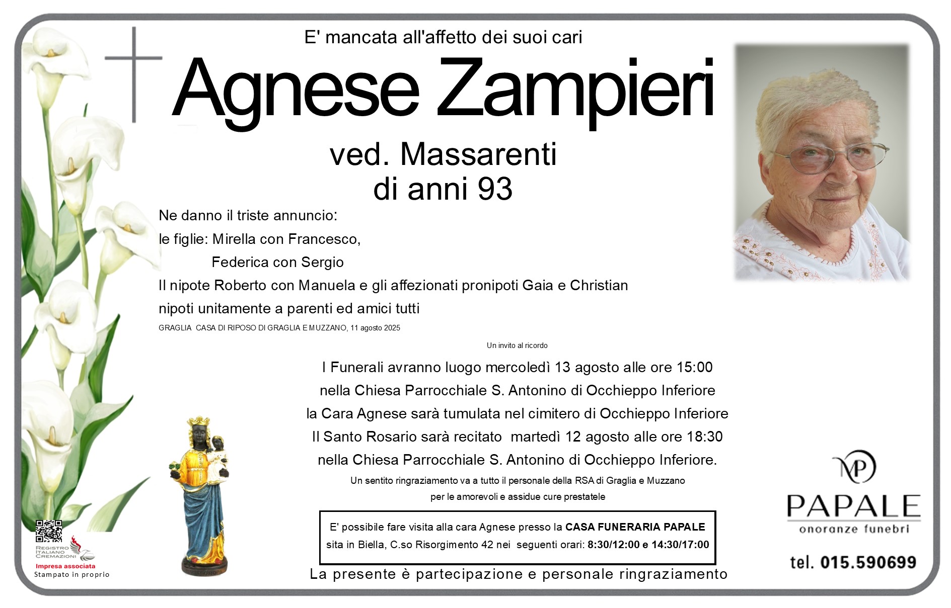 Onoranze Funebri Papale - Necrologi - Necrologio di Agnese Zampieri