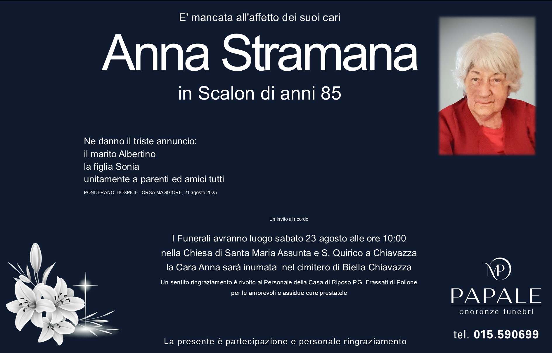 Onoranze Funebri Papale - Necrologi - Necrologio di Anna Stramana
