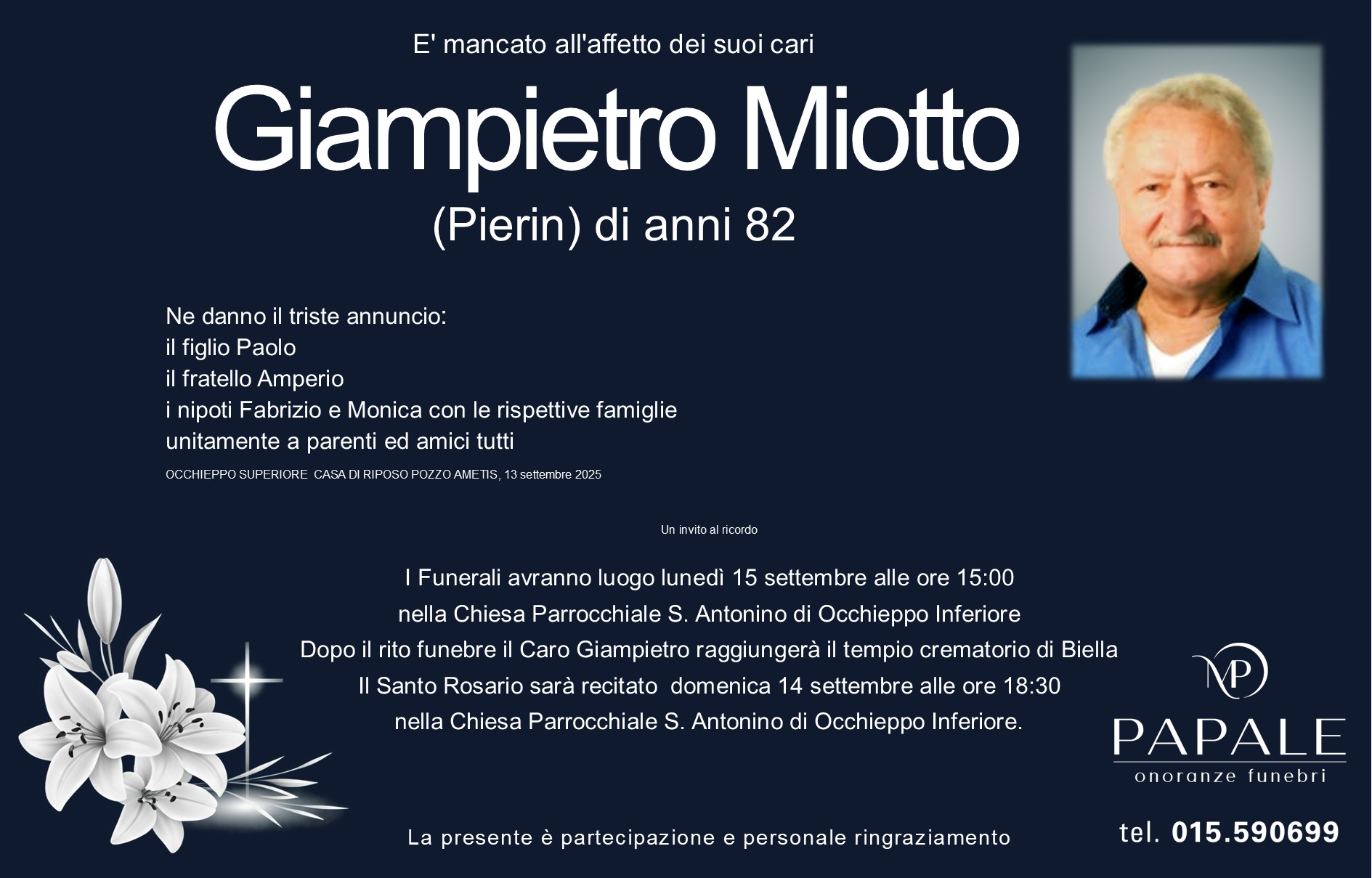Onoranze Funebri Papale - Necrologi - Necrologio di Giampietro Miotto