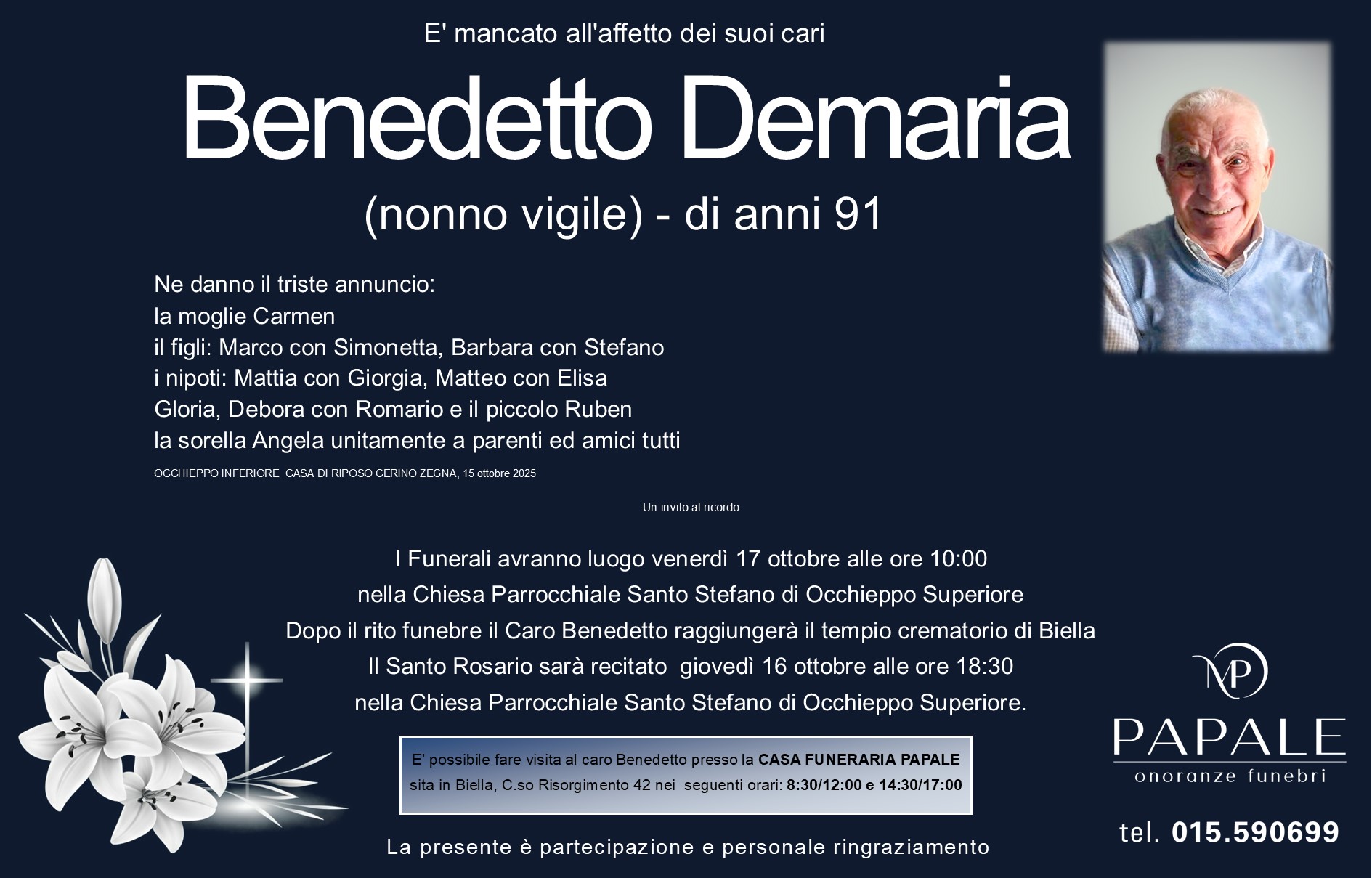 Onoranze Funebri Papale - Necrologi - Necrologio di Benedetto Demaria