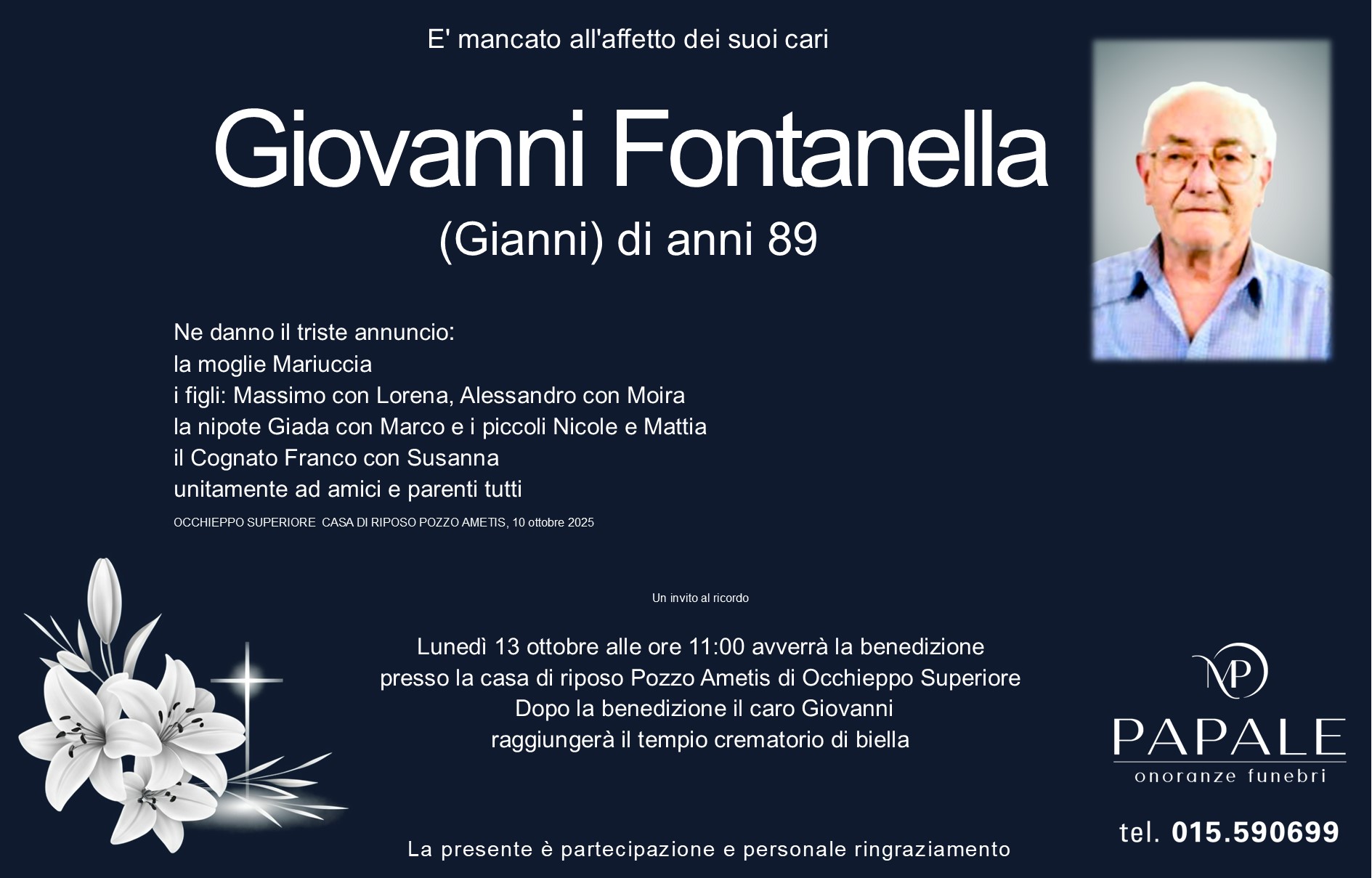 Onoranze Funebri Papale - Necrologi - Necrologio di Giovanni Fontanella
