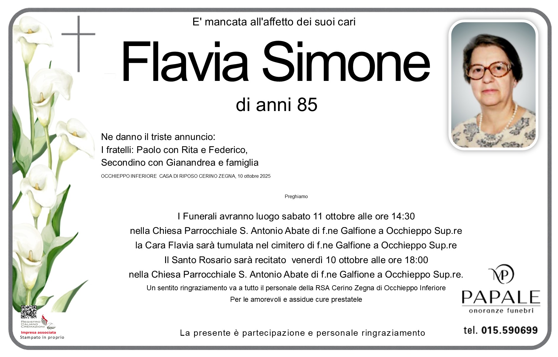 Onoranze Funebri Papale - Necrologi - Necrologio di Flavia Simone