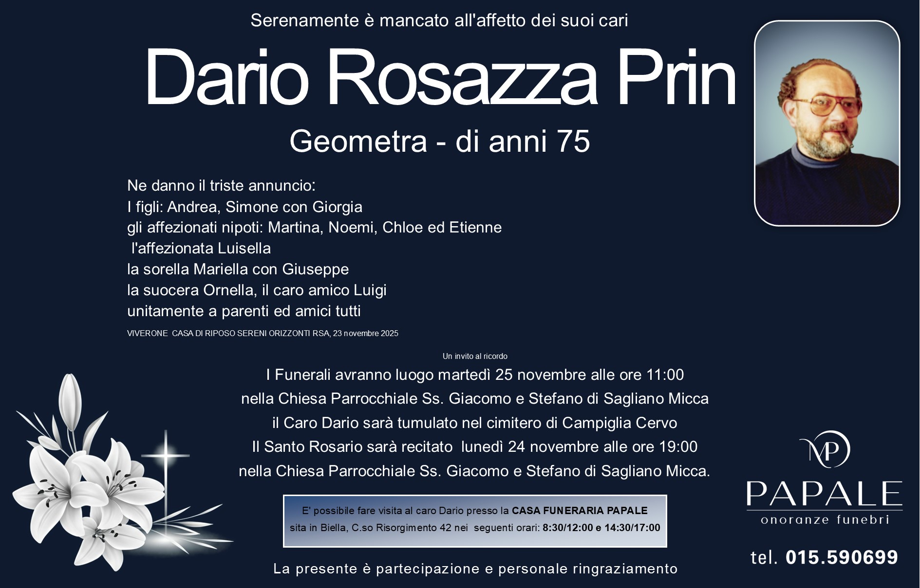 Onoranze Funebri Papale - Necrologi - Necrologio di Dario Rosazza Prin