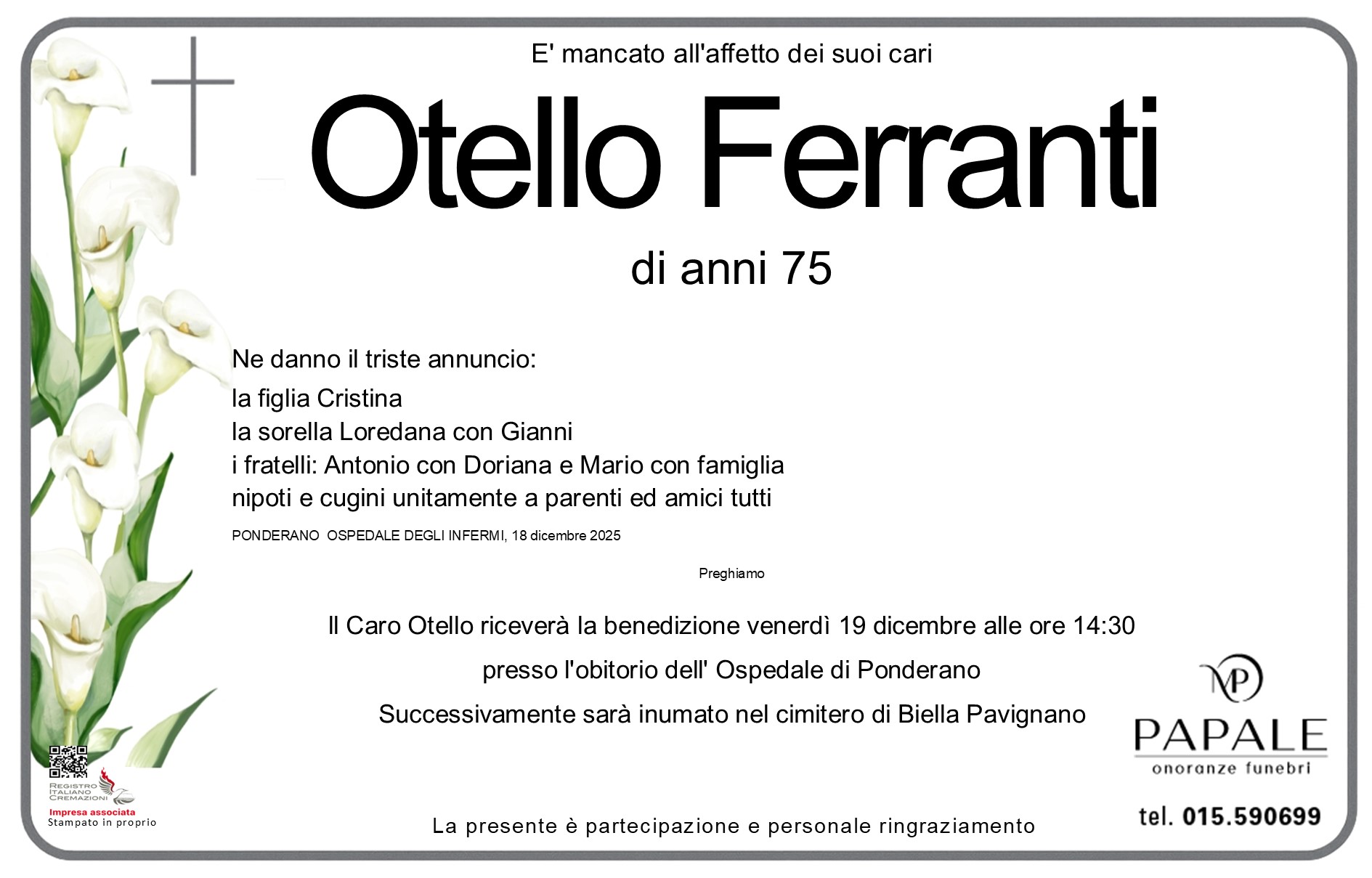 Onoranze Funebri Papale - Necrologi - Necrologio di Otello Ferranti