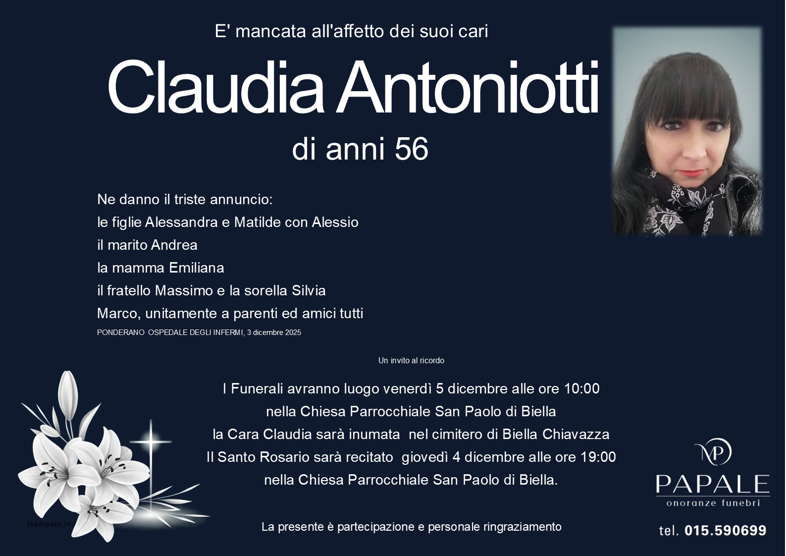 Onoranze Funebri Papale - Necrologi - Necrologio di Claudia Antoniotti