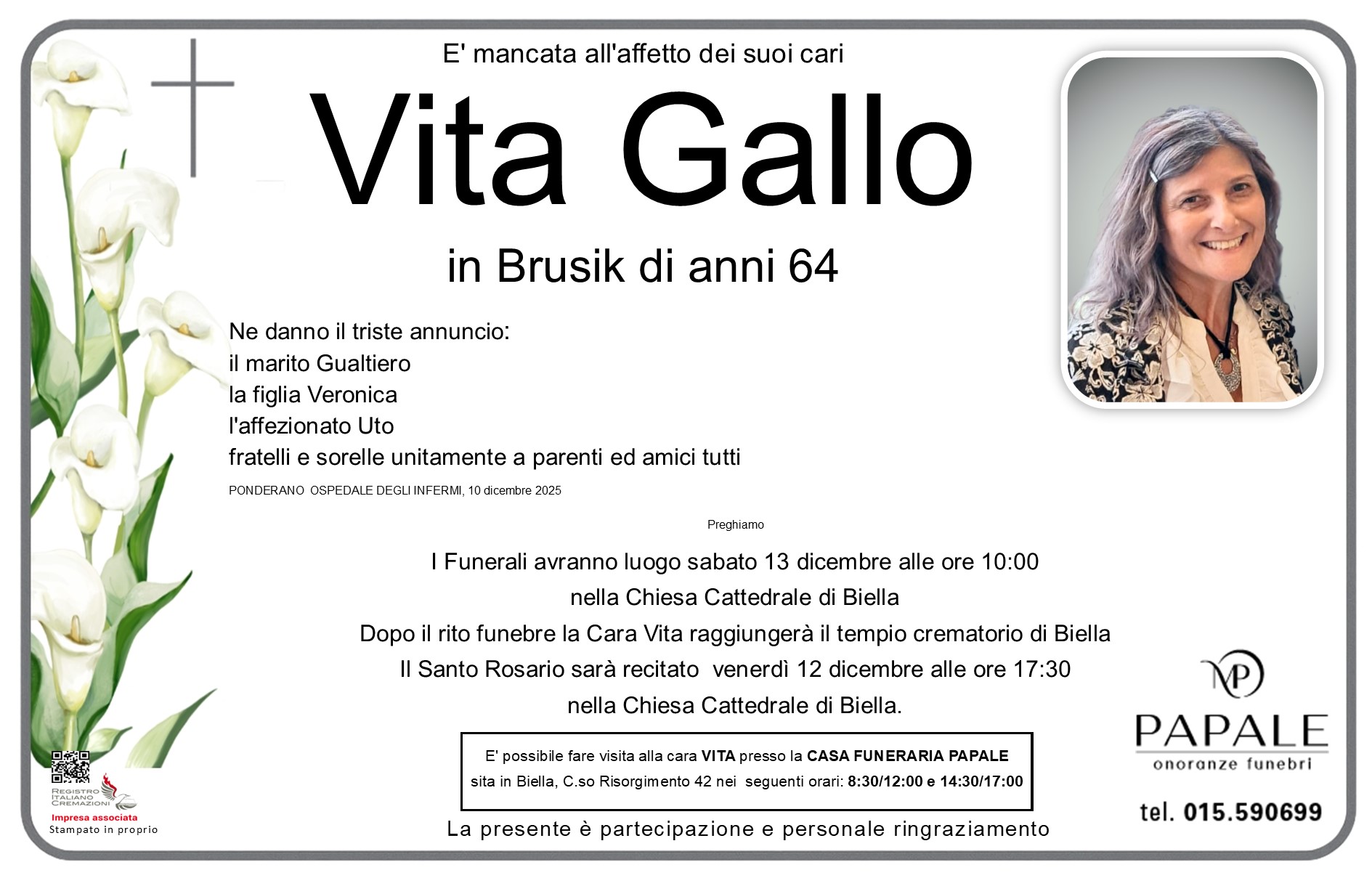 Onoranze Funebri Papale - Necrologi - Necrologio di Vita Gallo