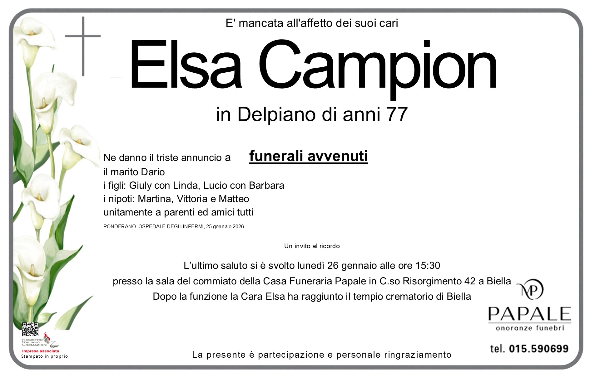 Onoranze Funebri Papale - Necrologi - Necrologio di Elsa Campion