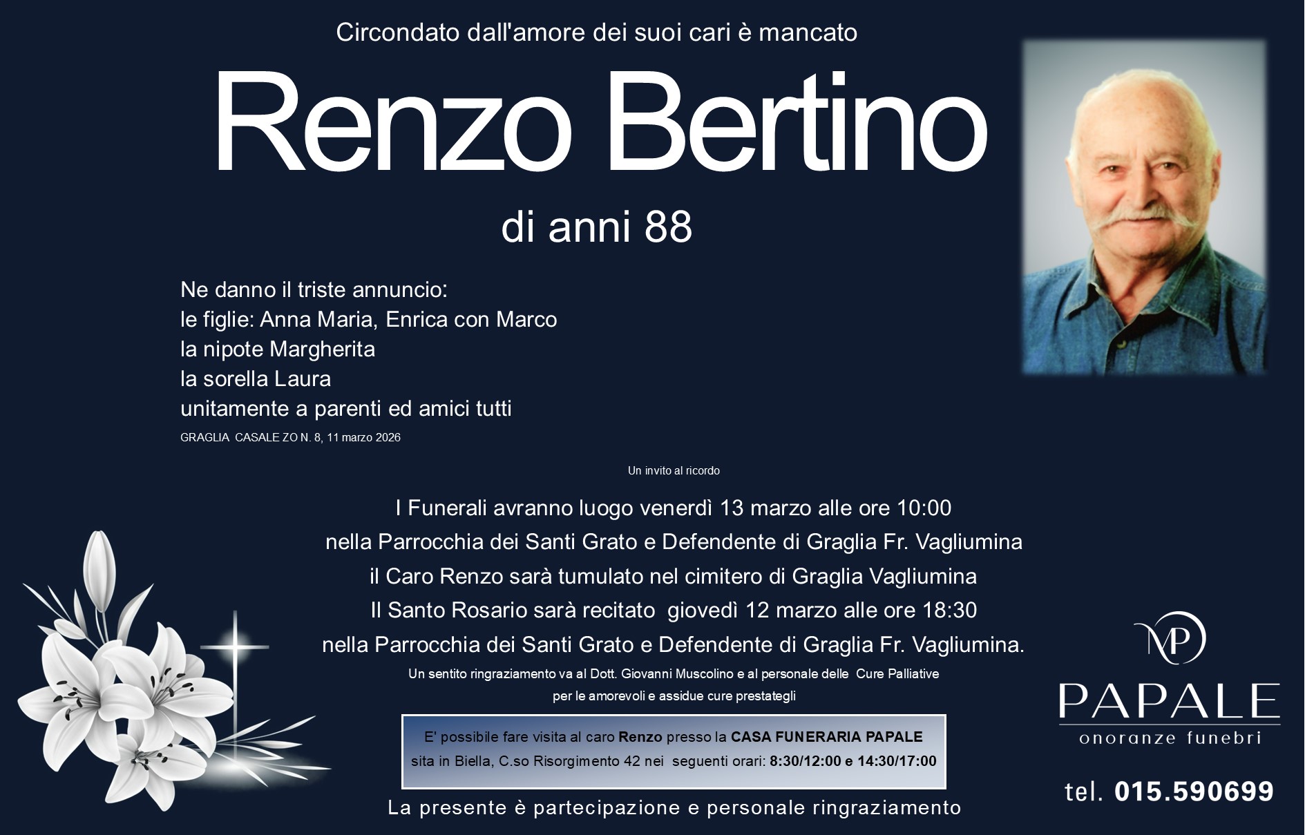 Onoranze Funebri Papale - Necrologi - Necrologio di Renzo Bertino