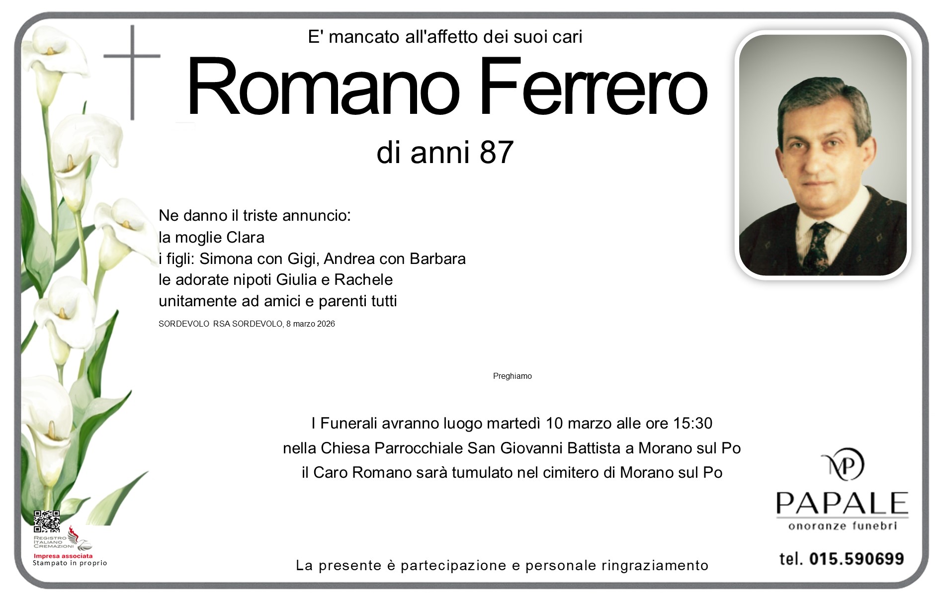 Onoranze Funebri Papale - Necrologi - Necrologio di Romano Ferrero