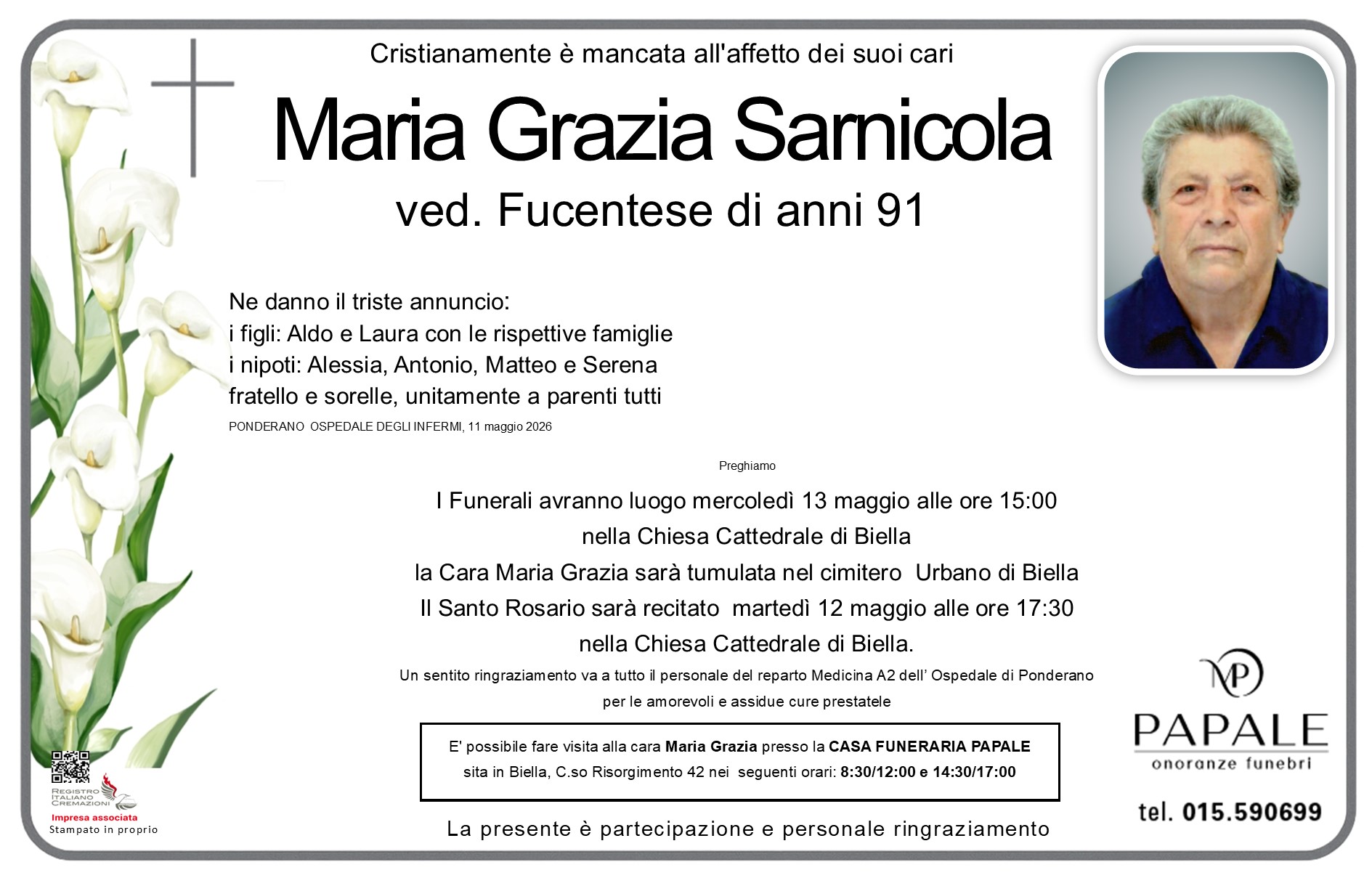 Onoranze Funebri Papale - Necrologi - Necrologio di Maria Grazia Sarnicola