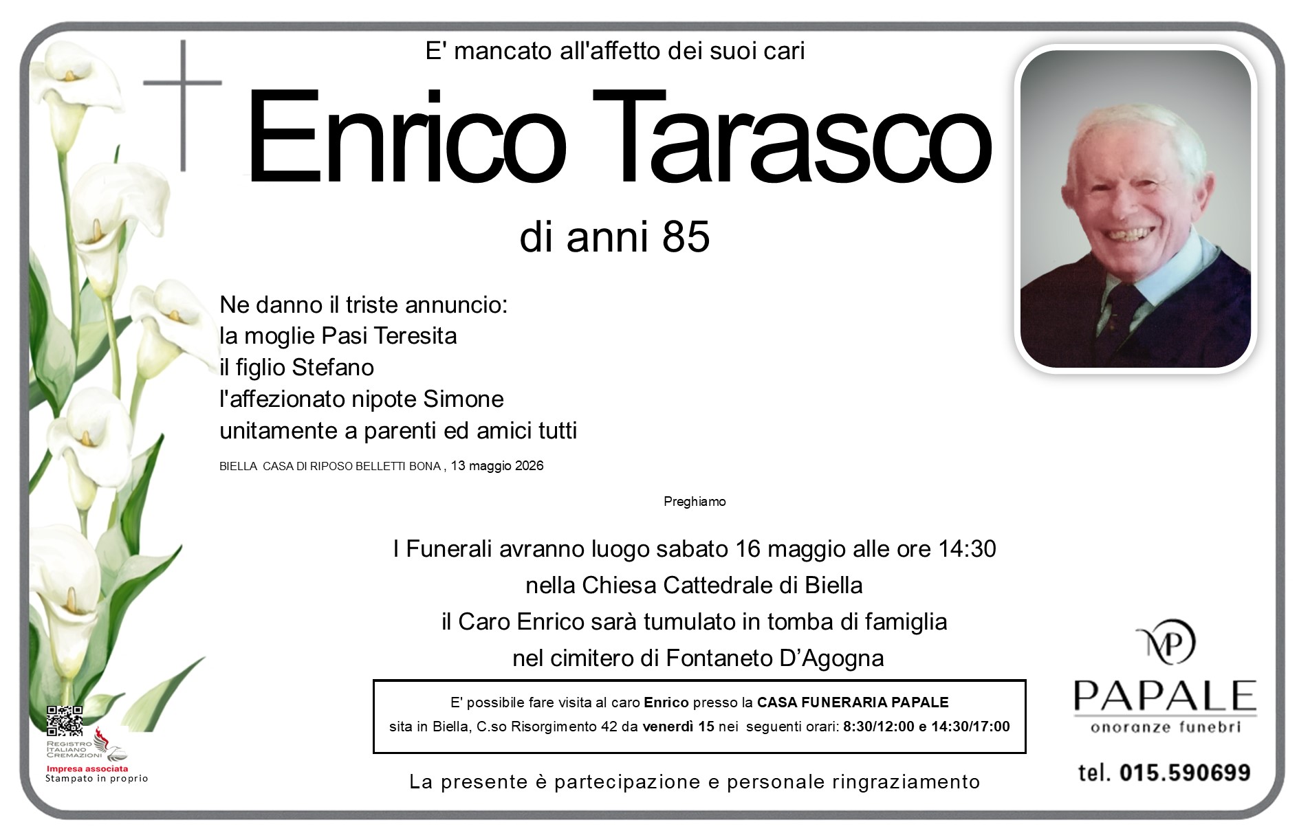Onoranze Funebri Papale - Necrologi - Necrologio di Enrico Tarasco