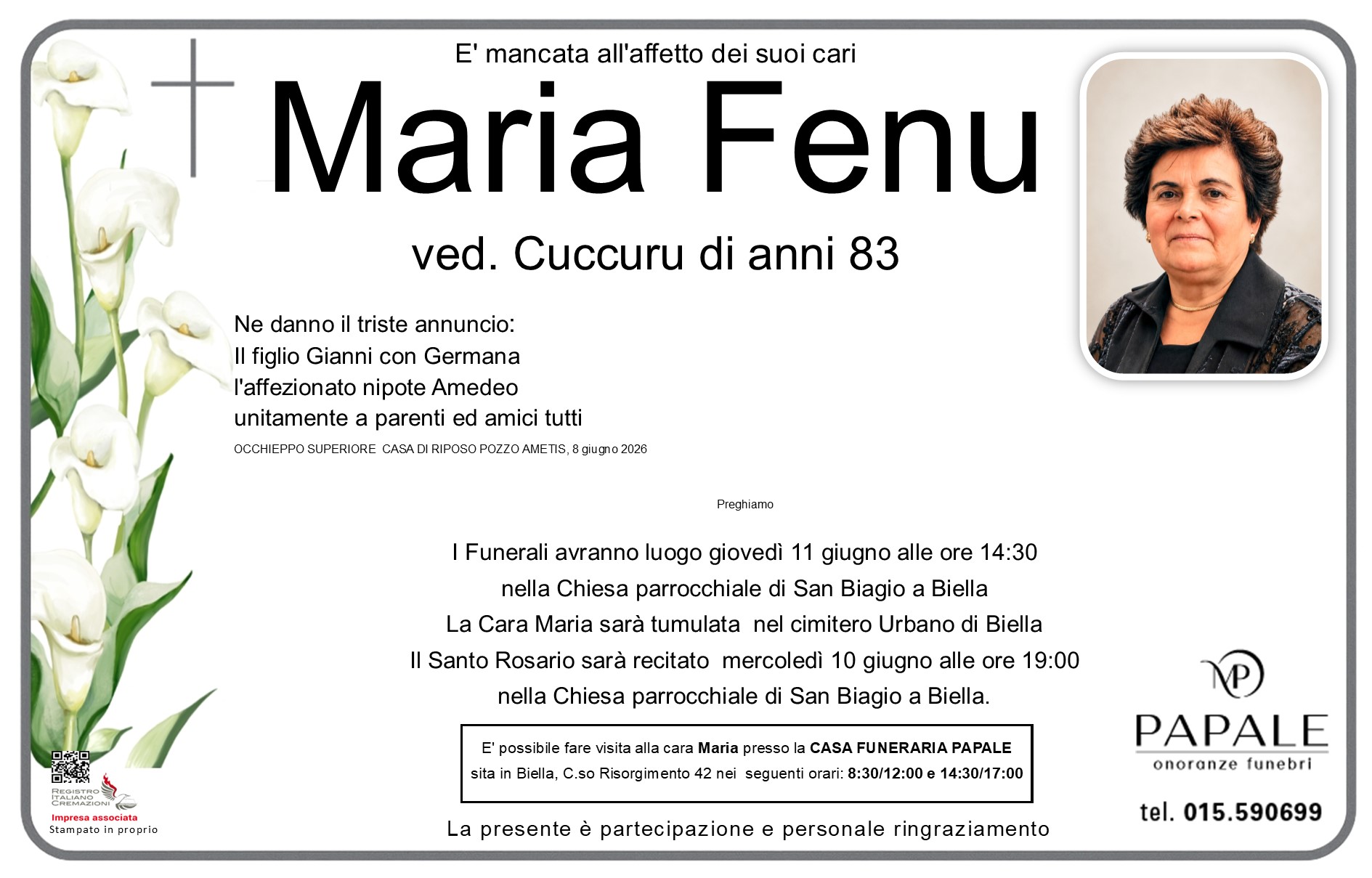 Onoranze Funebri Papale - Necrologi - Necrologio di Maria Fenu