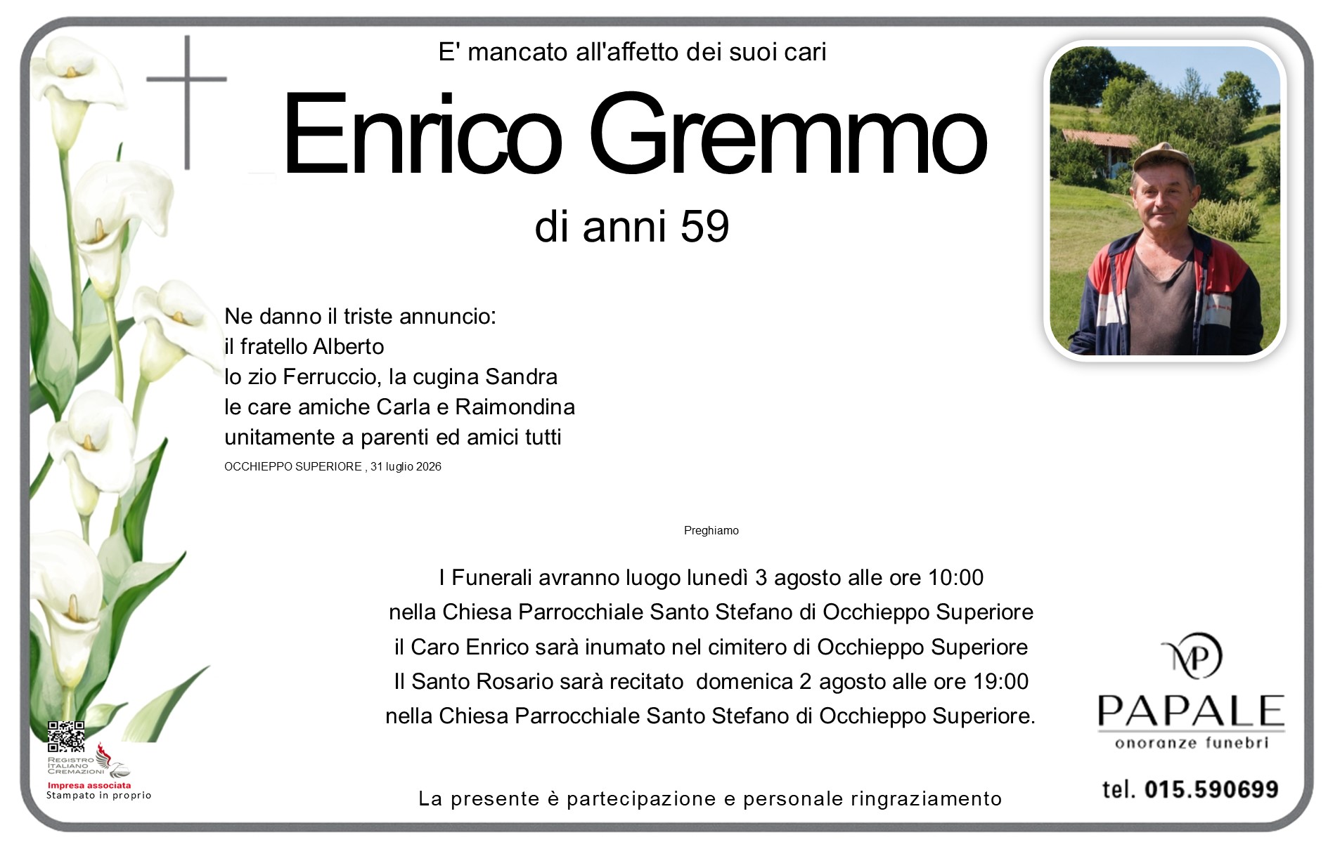 Onoranze Funebri Papale - Necrologi - Necrologio di Enrico Gremmo