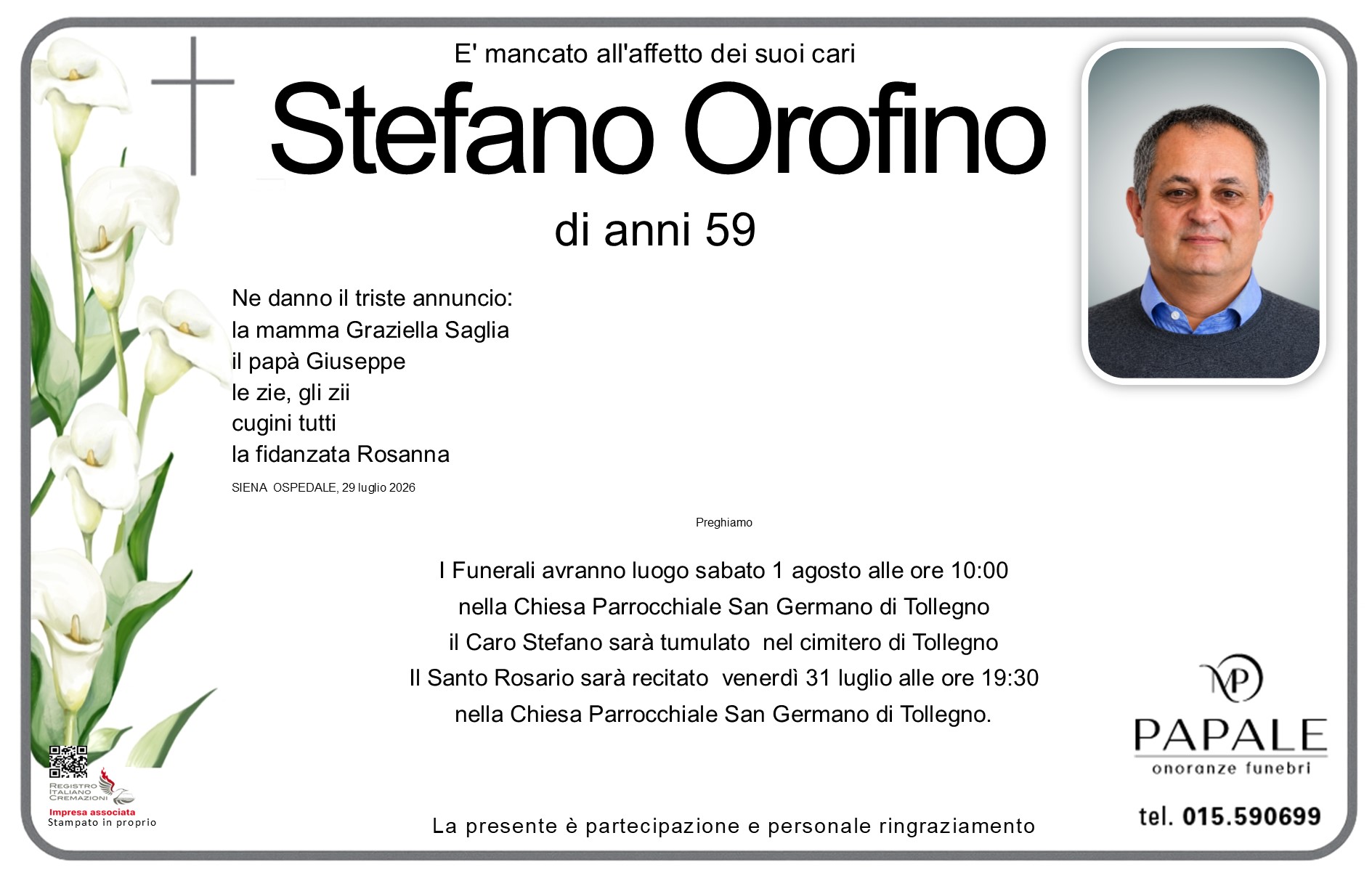 Onoranze Funebri Papale - Necrologi - Necrologio di Stefano Orofino