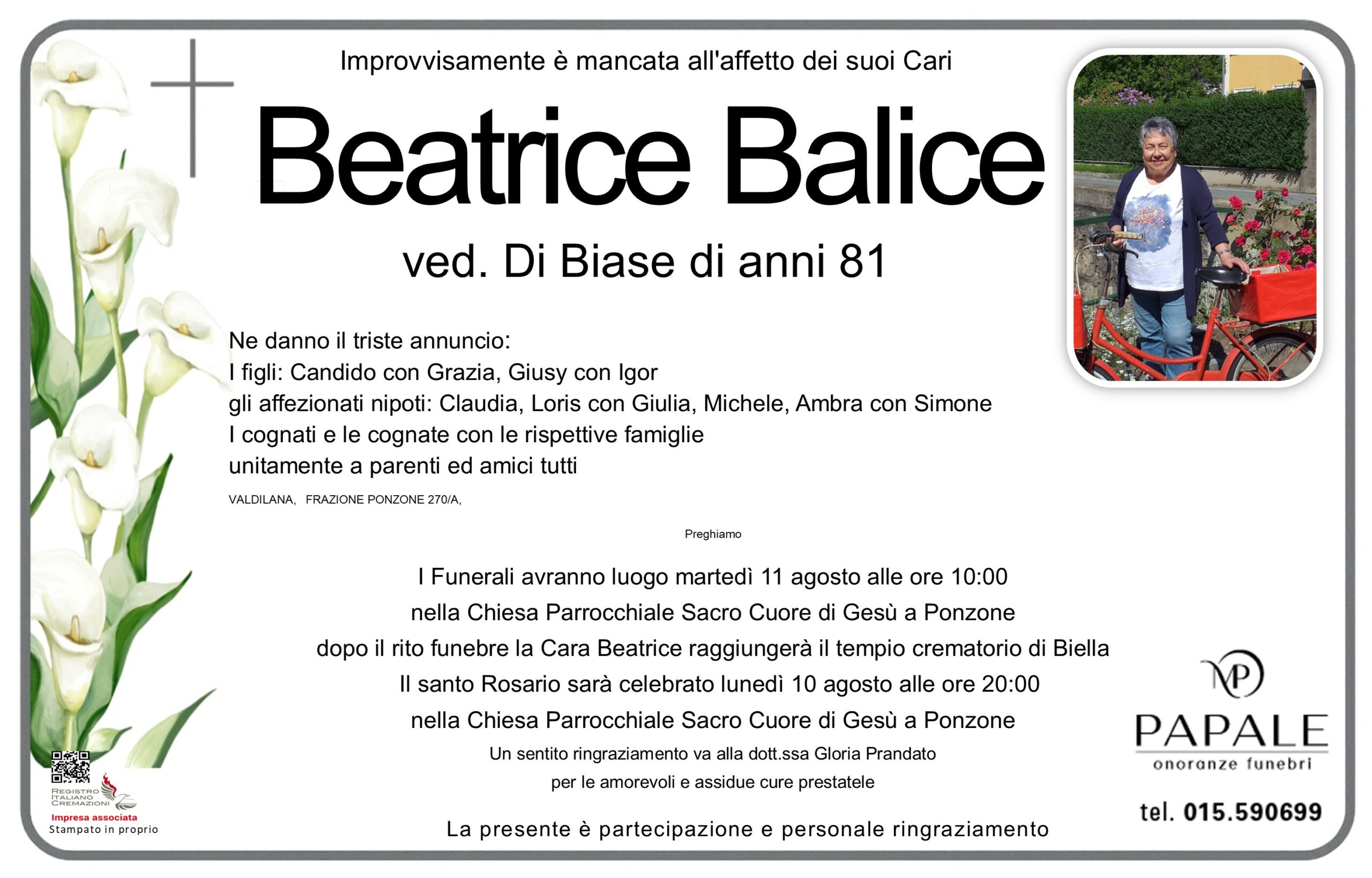 Onoranze Funebri Papale - Necrologi - Necrologio di Beatrice Balice