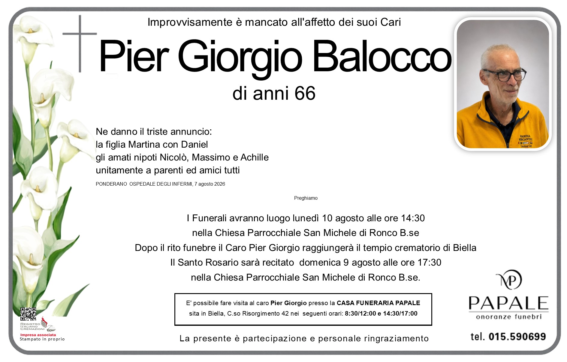 Onoranze Funebri Papale - Necrologi - Necrologio di Pier Giorgio Balocco