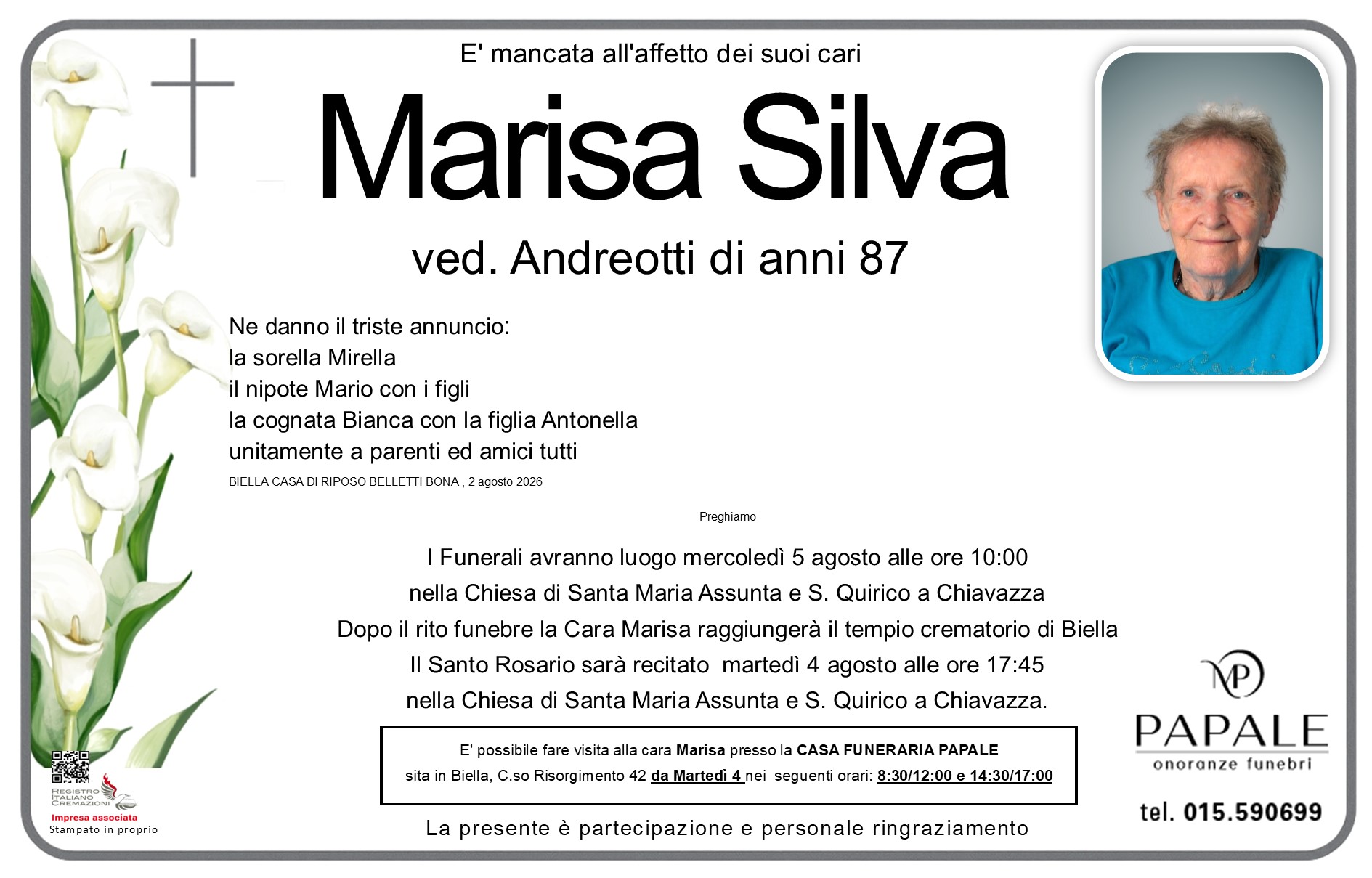 Onoranze Funebri Papale - Necrologi - Necrologio di Marisa Silva