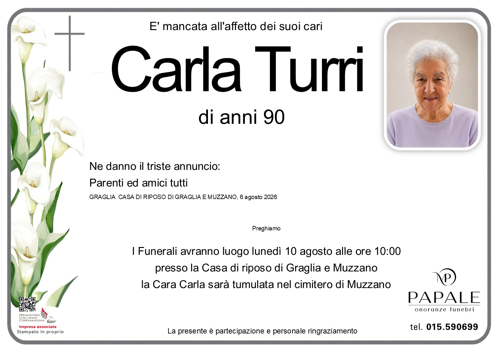 Onoranze Funebri Papale - Necrologi - Necrologio di Carla Turri