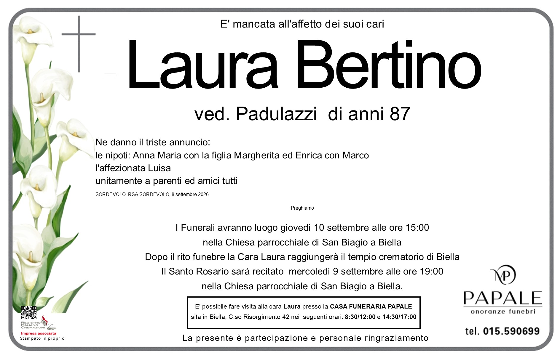 Onoranze Funebri Papale - Necrologi - Necrologio di Laura Bertino