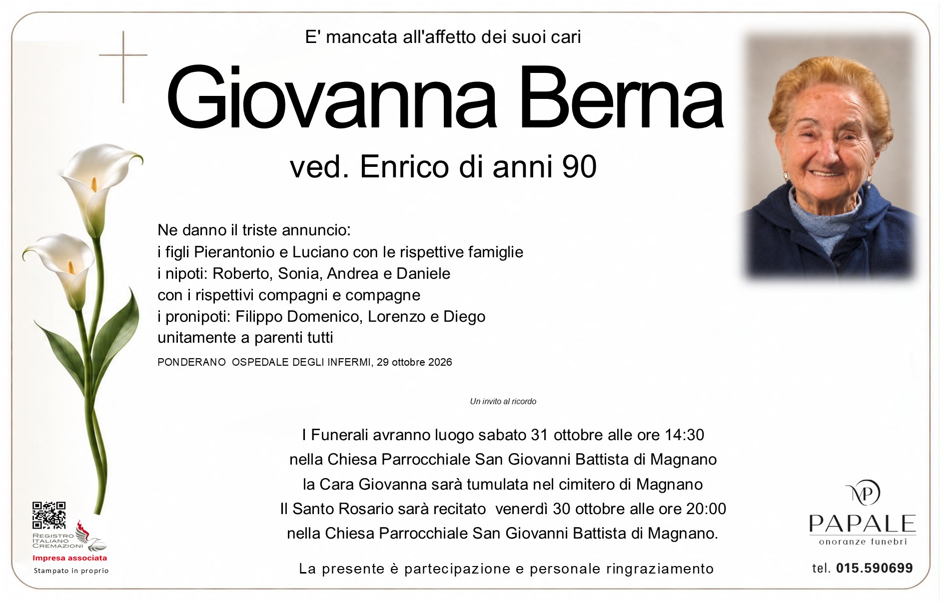 Onoranze Funebri Papale - Necrologi - Necrologio di Giovanna Berna