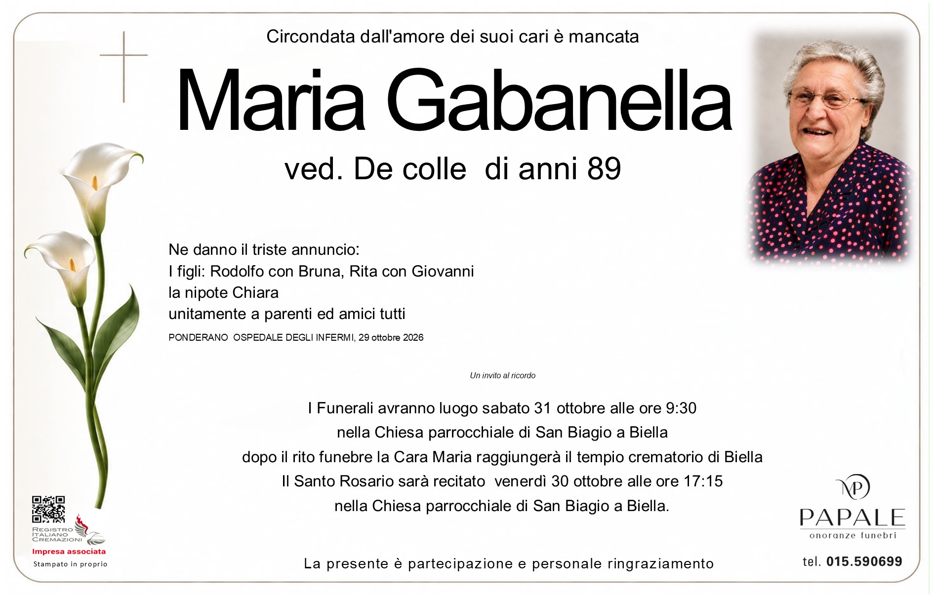 Onoranze Funebri Papale - Necrologi - Necrologio di Maria Gabanella