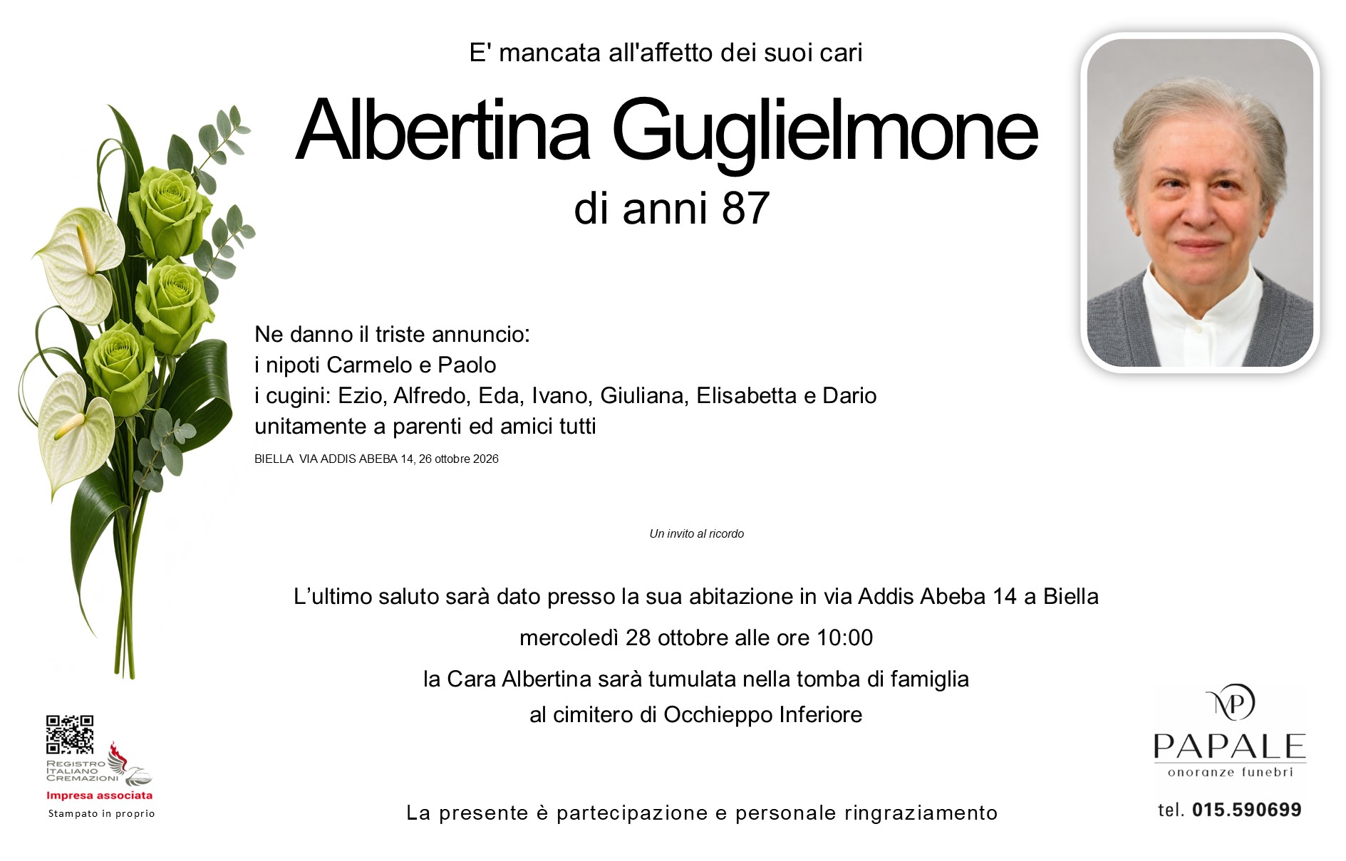 Onoranze Funebri Papale - Necrologi - Necrologio di Albertina Guglielmone