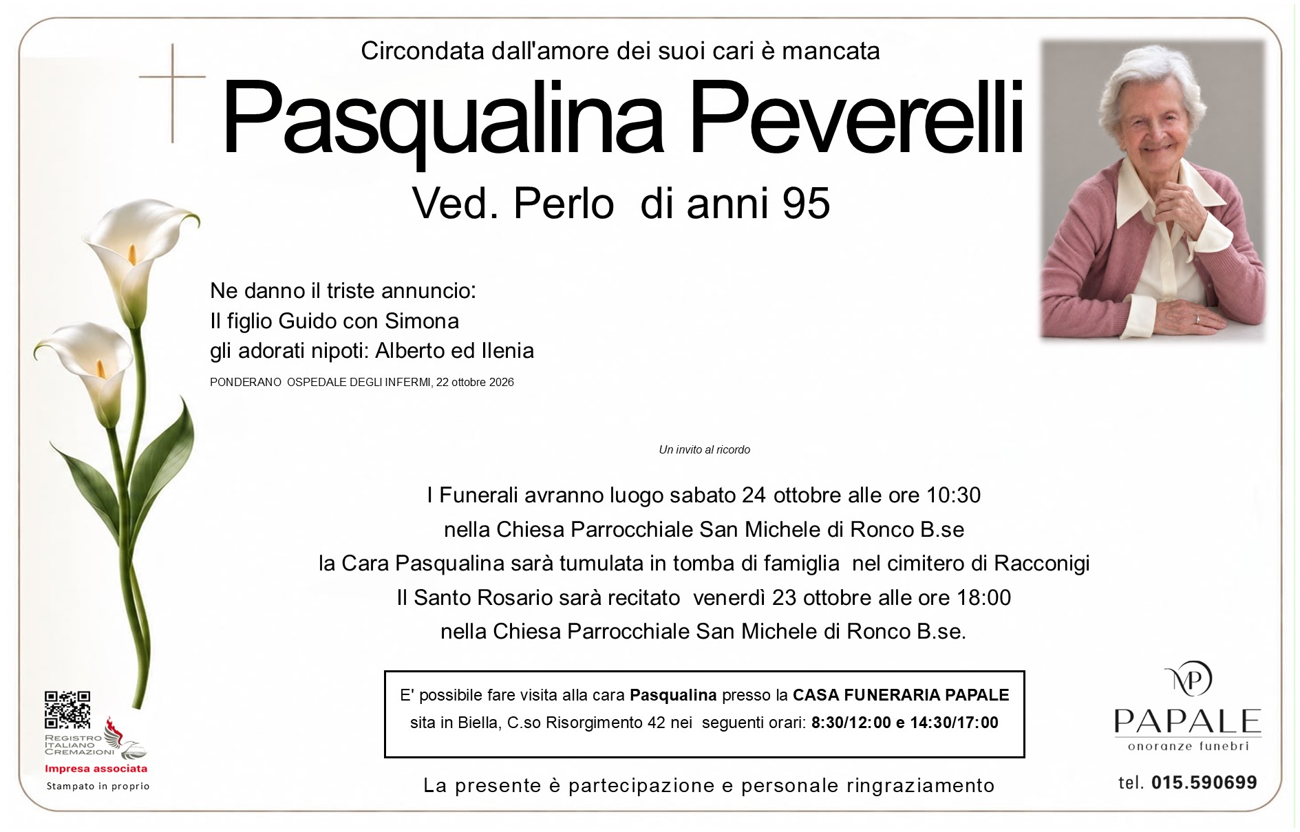 Onoranze Funebri Papale - Necrologi - Necrologio di Pasqualina Peverelli