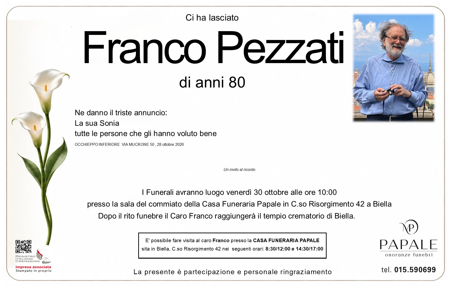 Onoranze Funebri Papale - Necrologi - Necrologio di Franco Pezzati