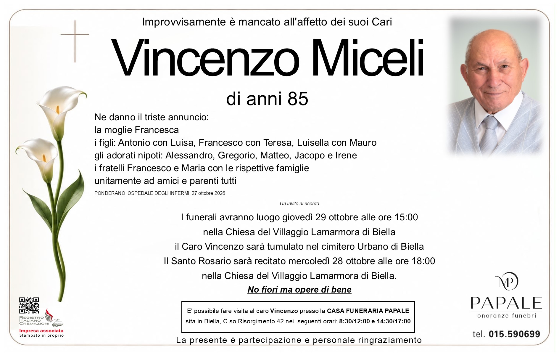 Onoranze Funebri Papale - Necrologi - Necrologio di Vincenzo Miceli