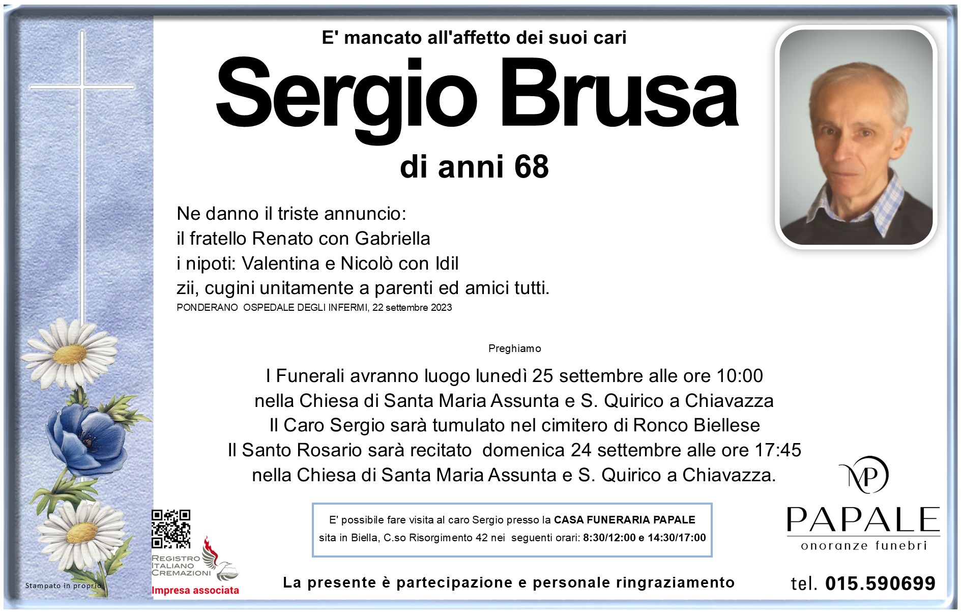 Onoranze Funebri Papale - Necrologi - Necrologio di Sergio Brusa