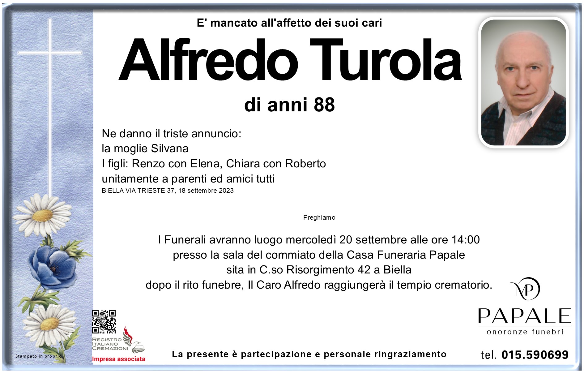 Onoranze Funebri Papale - Necrologi - Necrologio di Alfredo Turola