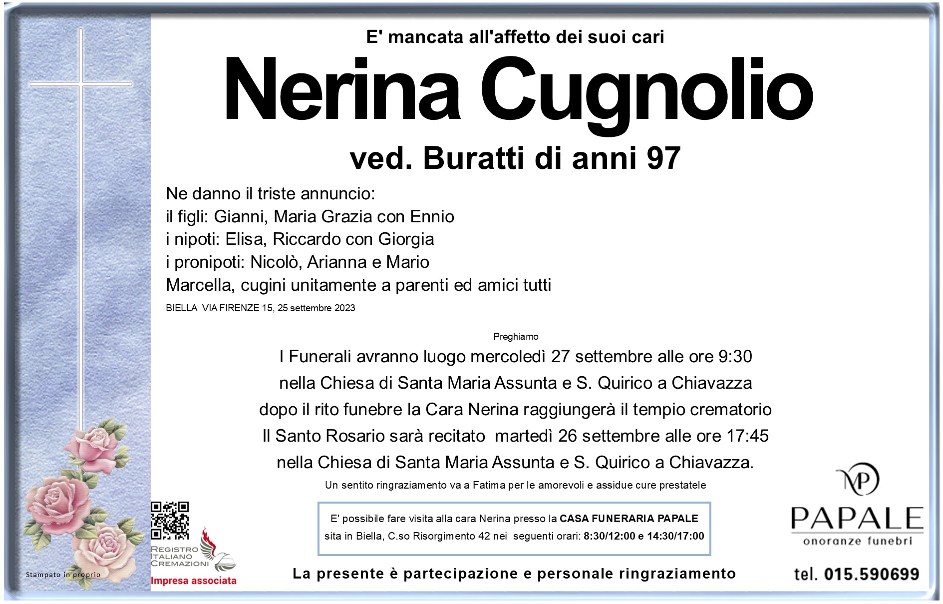 Onoranze Funebri Papale - Necrologi - Necrologio di Nerina Cugnolio