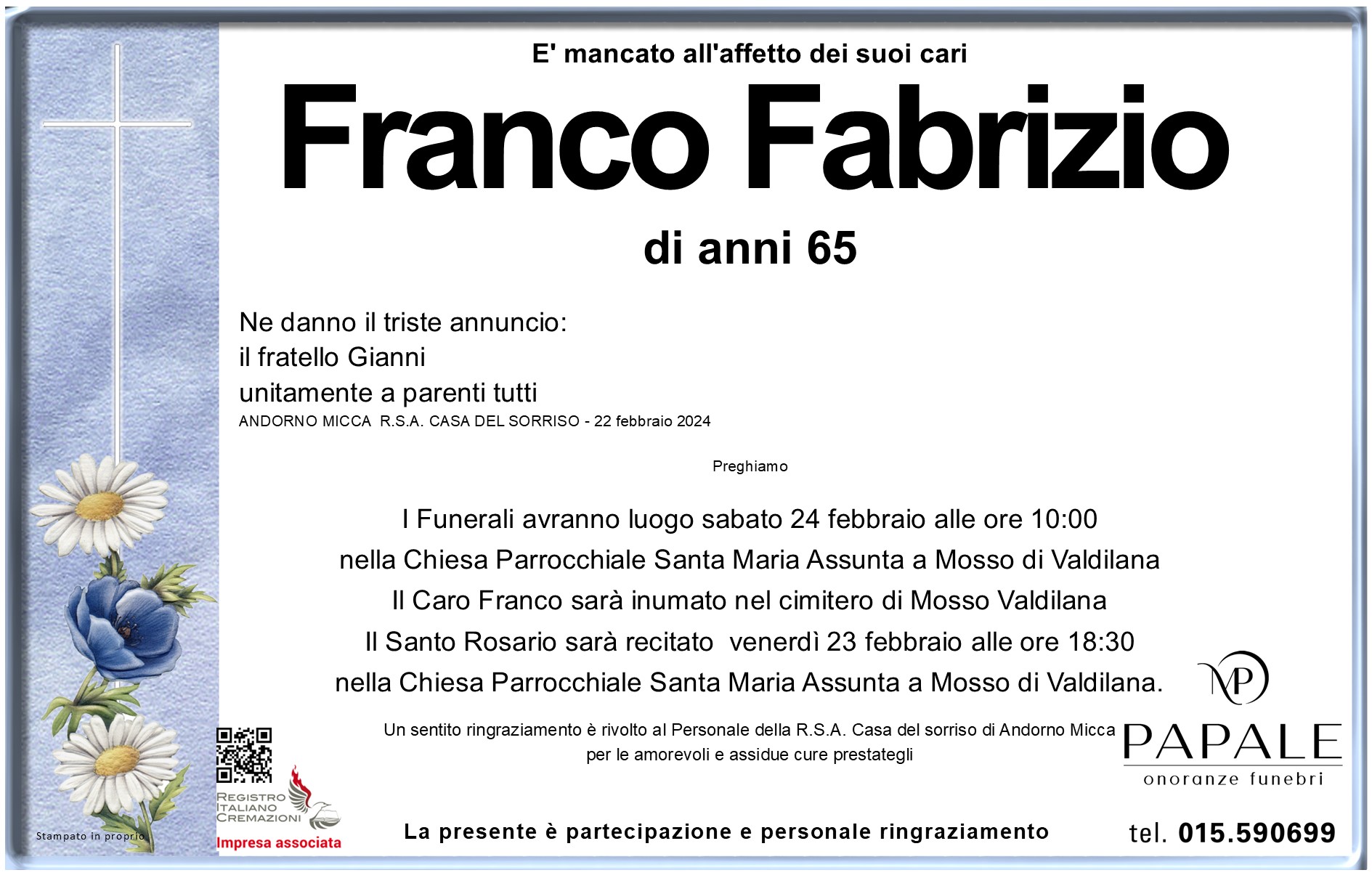 Onoranze Funebri Papale - Necrologi - Necrologio di Franco Fabrizio