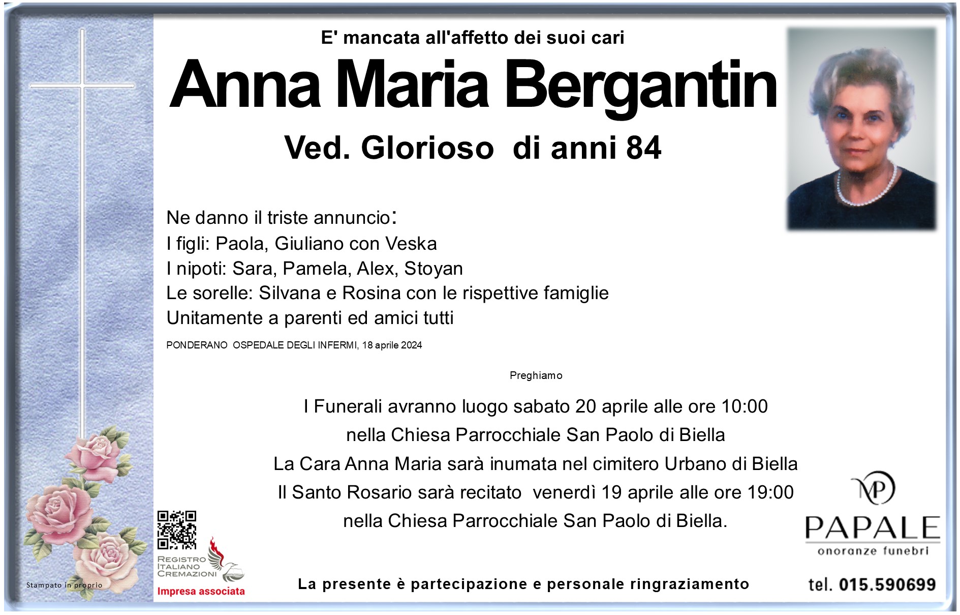 Onoranze Funebri Papale - Necrologi - Necrologio di Anna Maria Bergantin