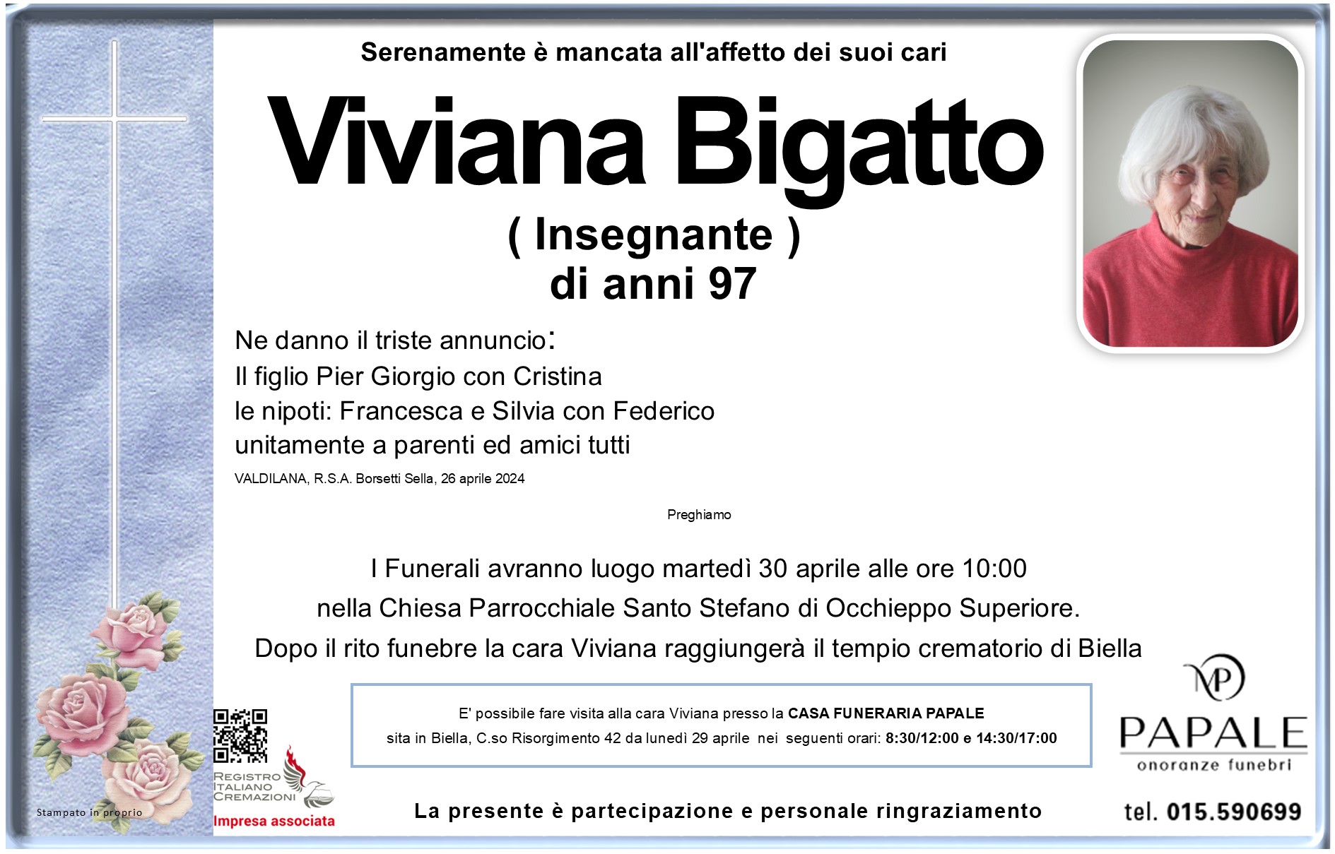 Onoranze Funebri Papale - Necrologi - Necrologio di Viviana Bigatto